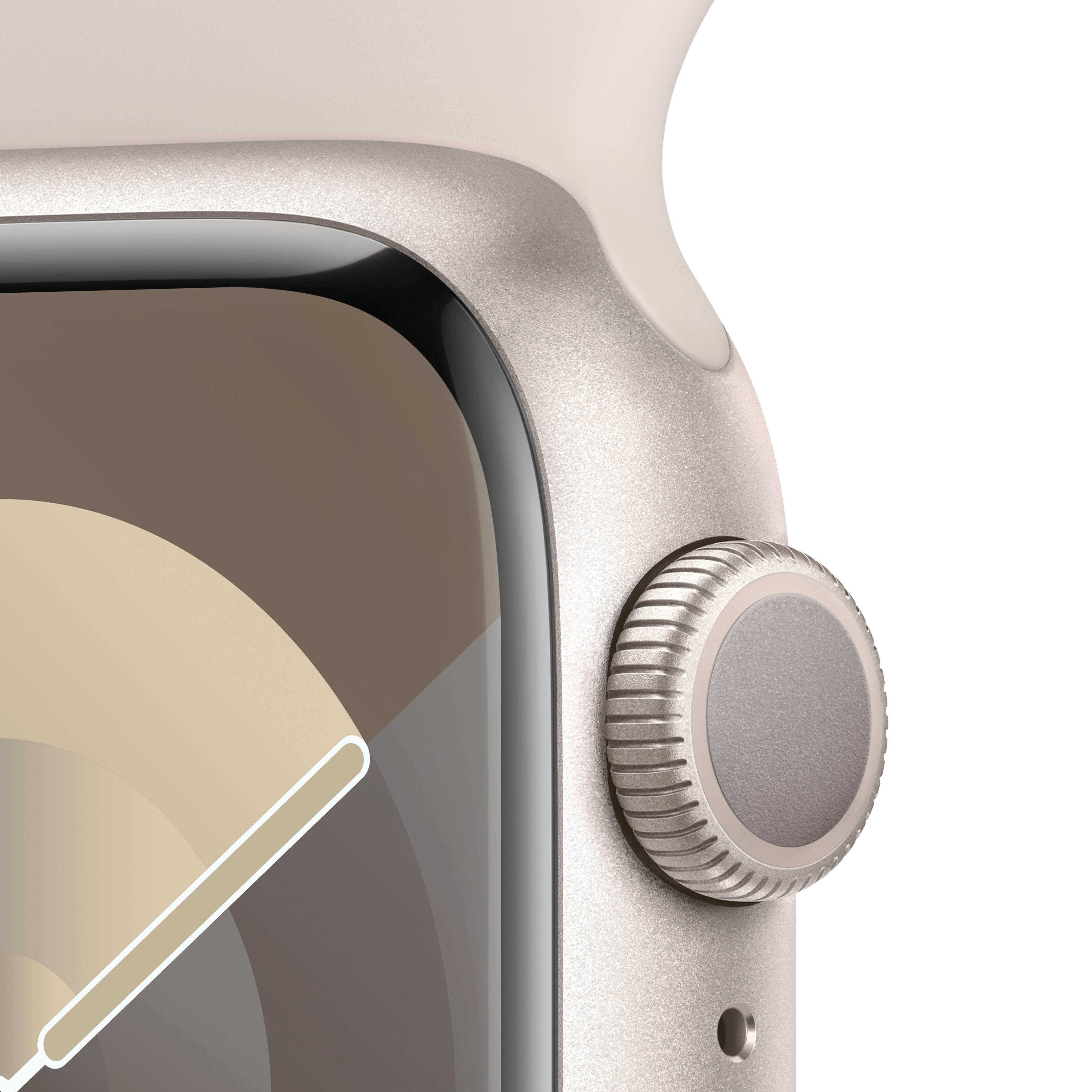 Gümüş bir Apple Watch'un yakın çekimi. Kadran görünür durumda.