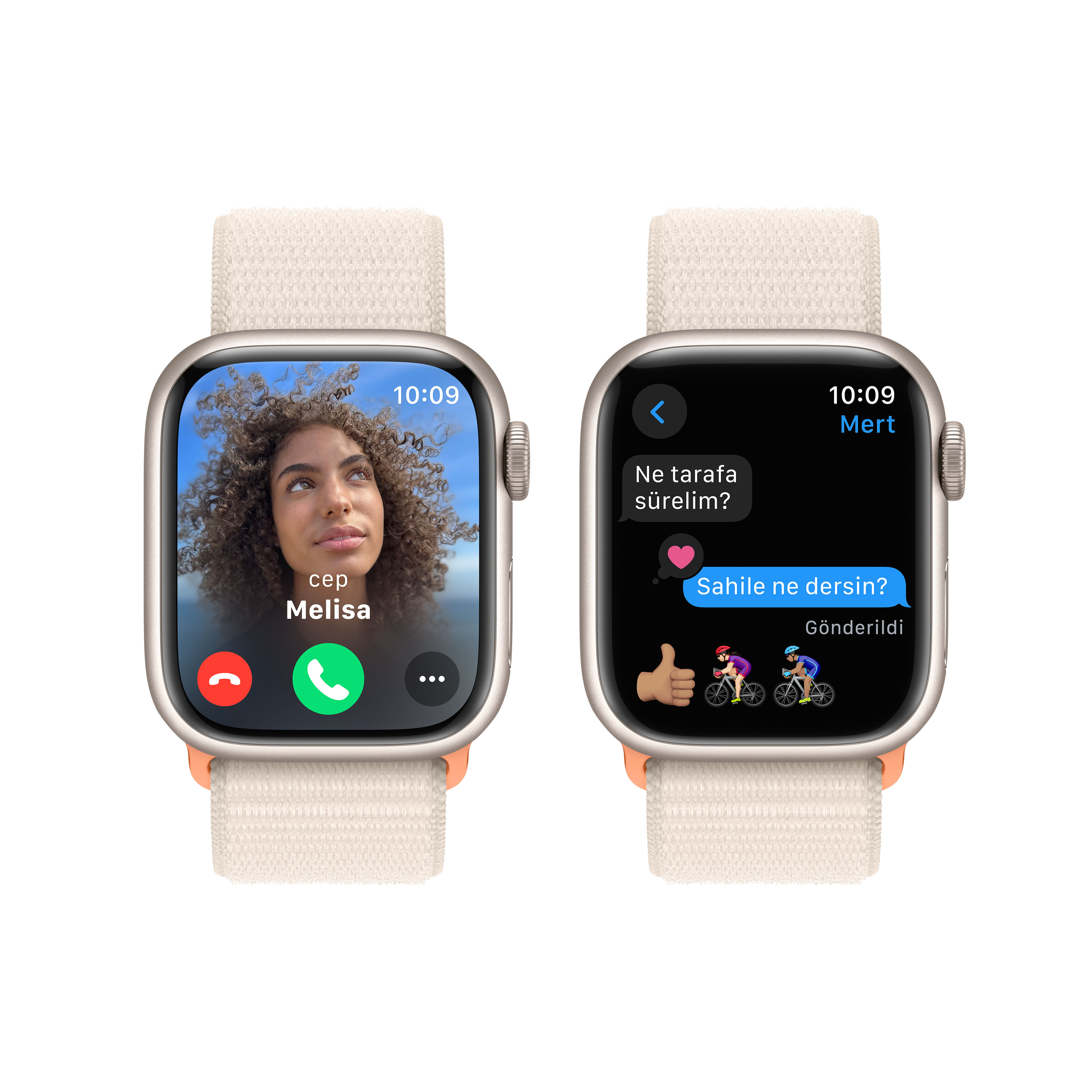 İki Apple Watch, bir video görüşmesi ve mesajlaşma konuşması gösteriyor.