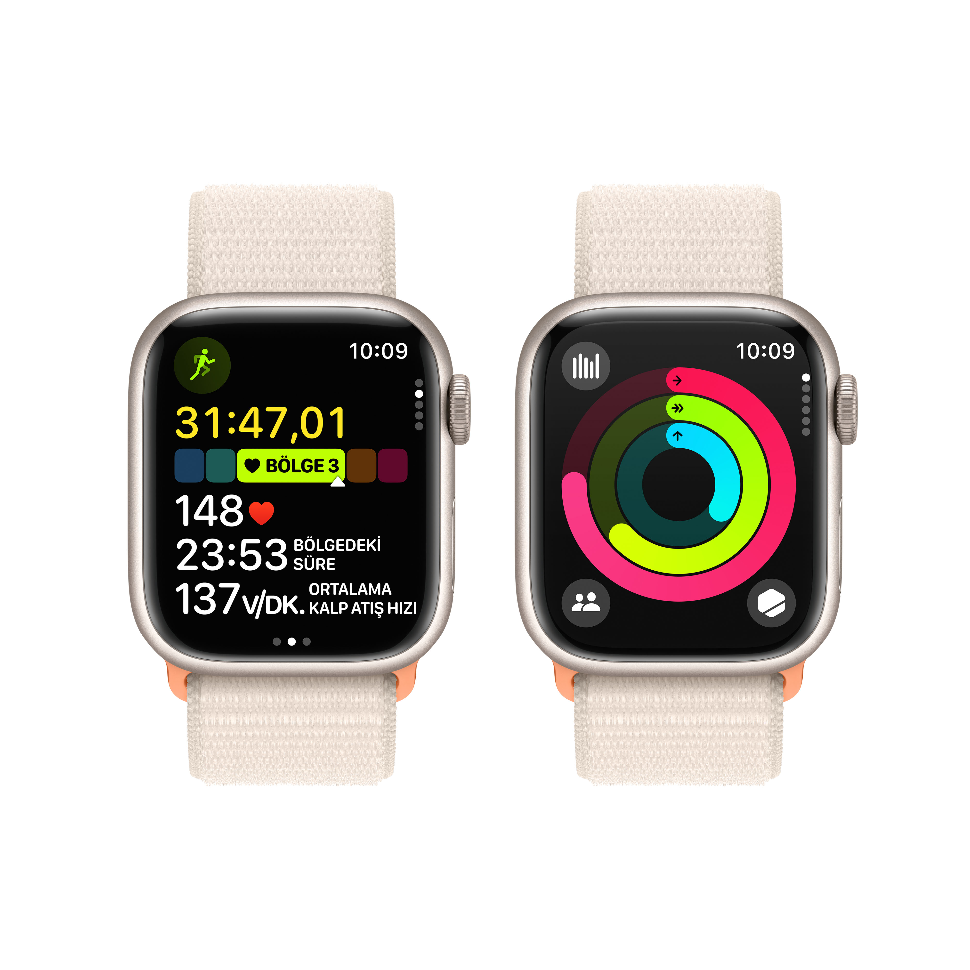 Yan yana iki Apple Watch, antrenman ve aktivite verilerini gösteriyor.
