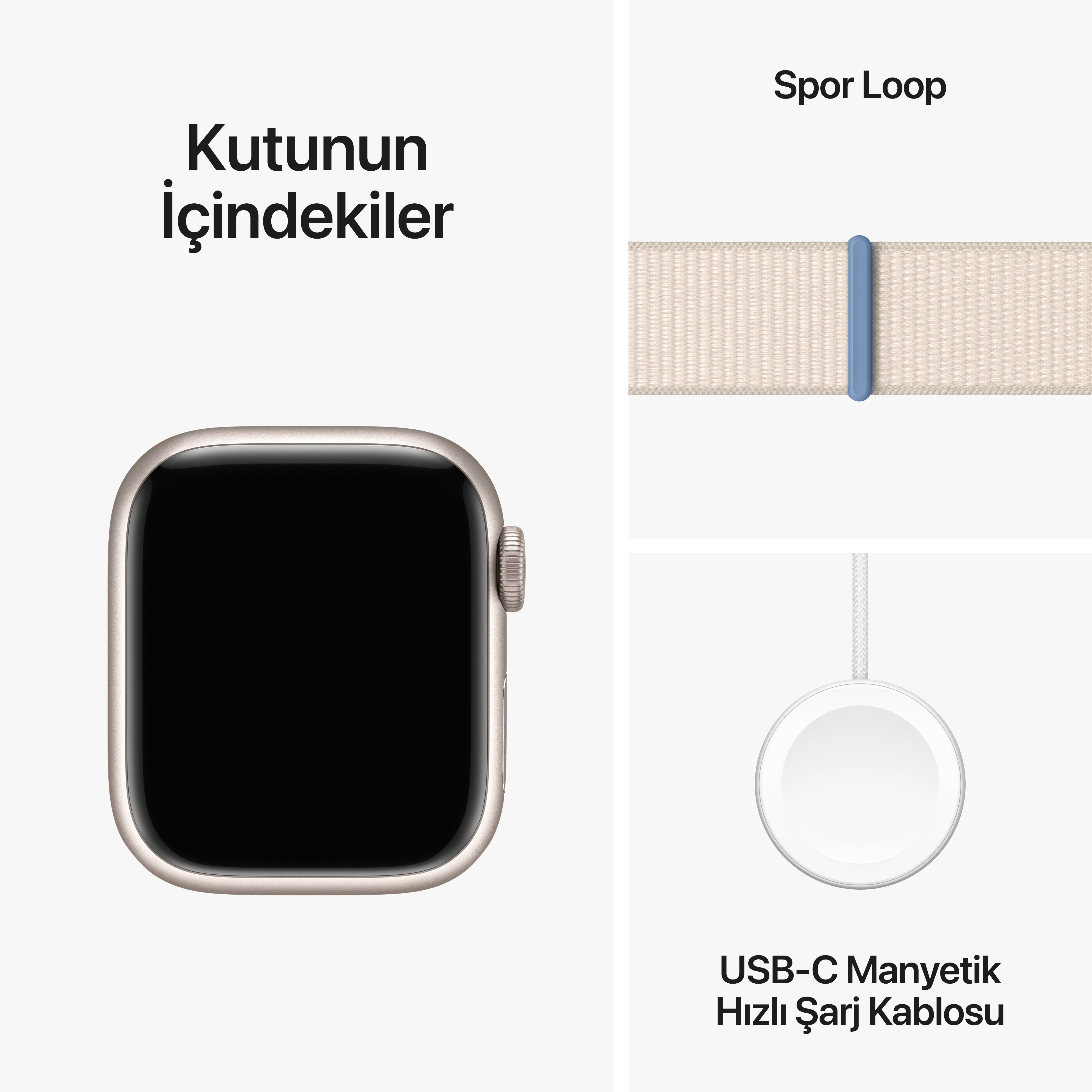 Beyaz bir arka plan üzerinde bir Apple Watch, bir Spor Döngü bandı ve bir USB-C şarj kablosu.