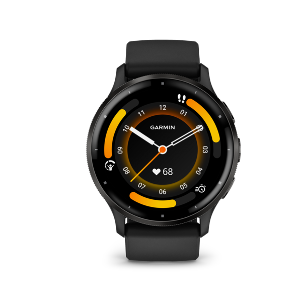 Fekete Garmin okosóra, amely az időt, a pulzusszámot és más mérőszámokat jelenít meg.
