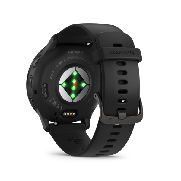 Fekete okosóra hátlap, szíjjal és érzékelőkkel. Garmin logó látható.