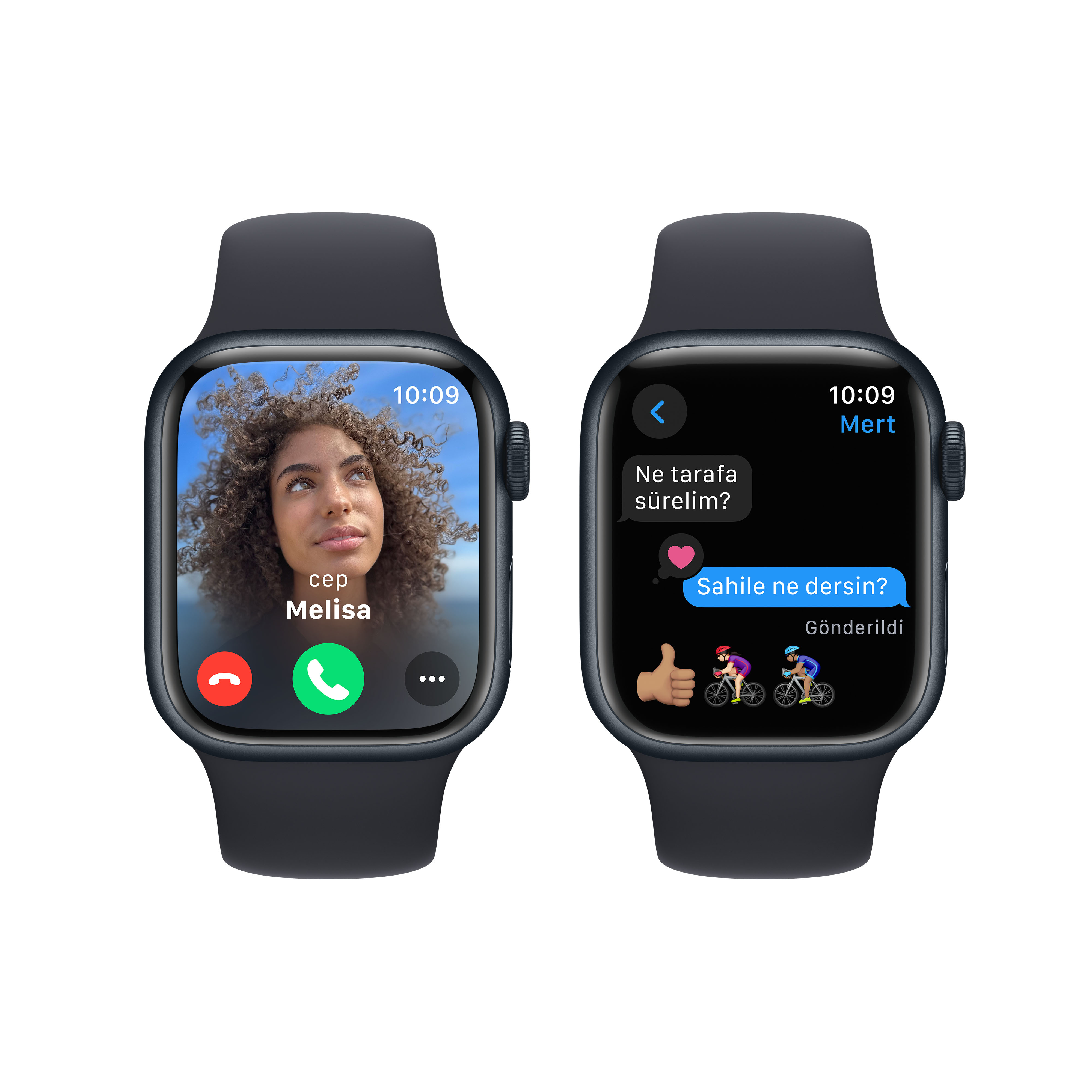 Aramaları ve metinleri gösteren iki Apple Watch. Birinde bir kadının yüzü var. Diğerinde bir metin mesajı.