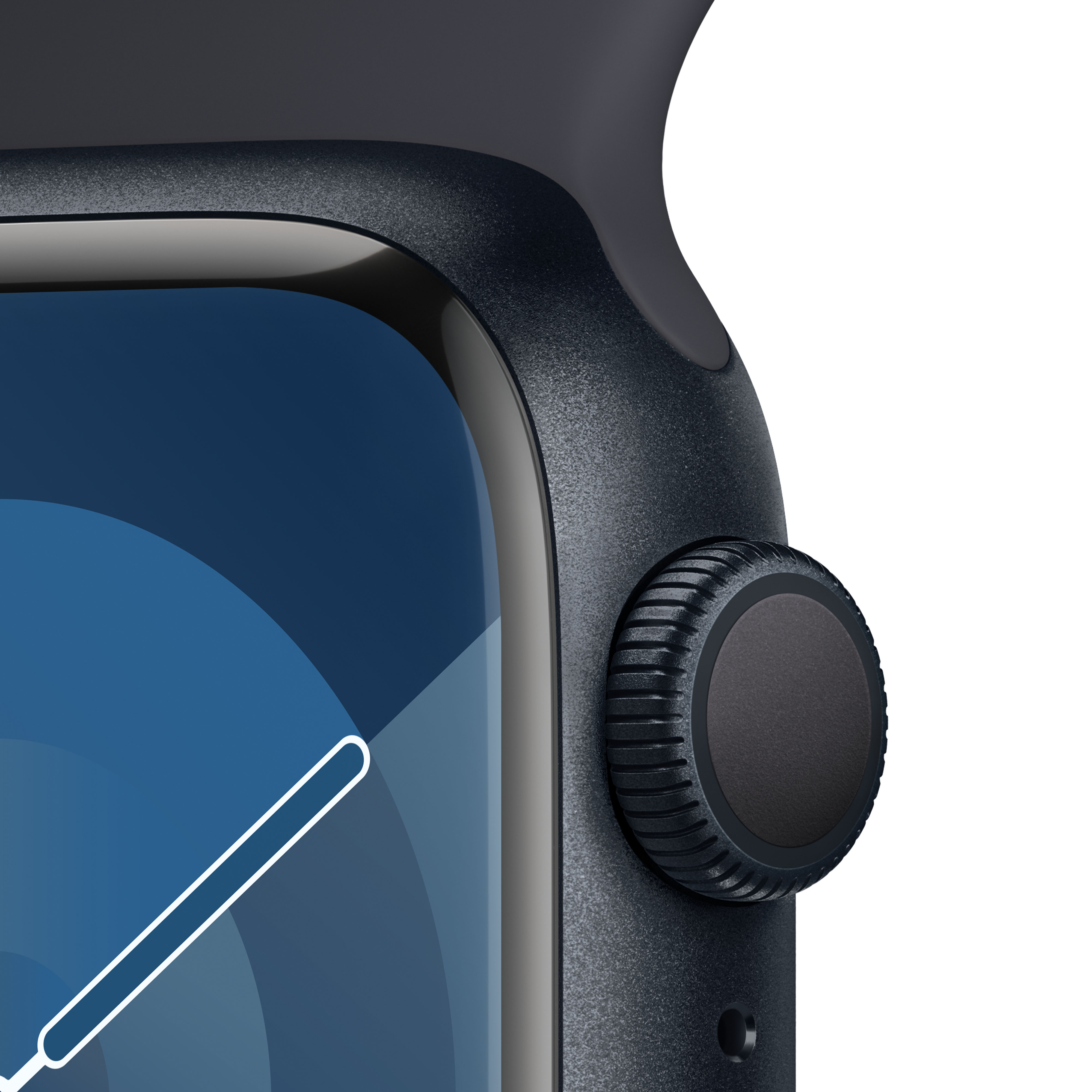 Dijital tacı ve ekranın bir bölümünü gösteren siyah bir Apple Watch'un yakın çekimi.