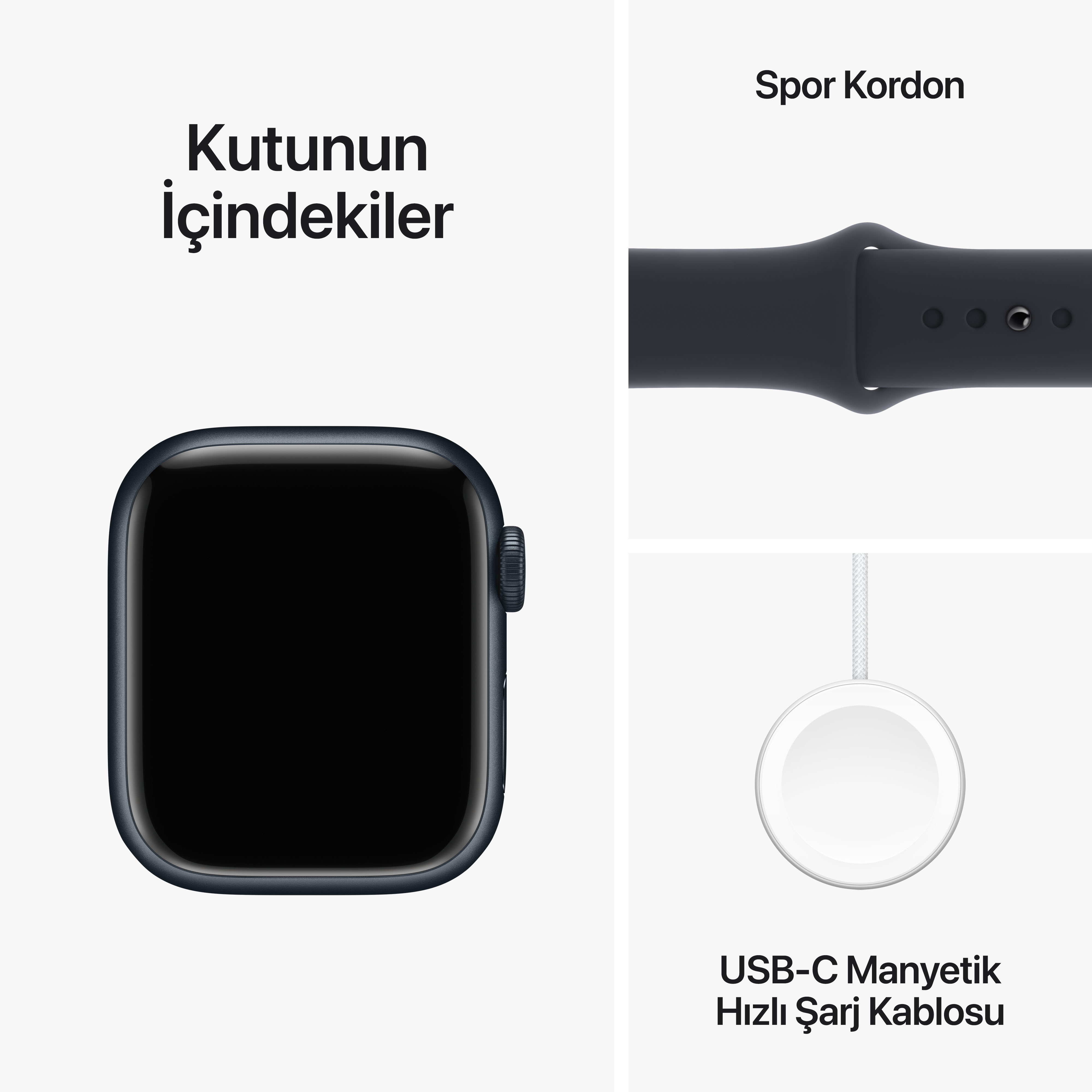 Bir Apple Watch, spor kayışı ve USB-C şarj kablosu sunuluyor.
