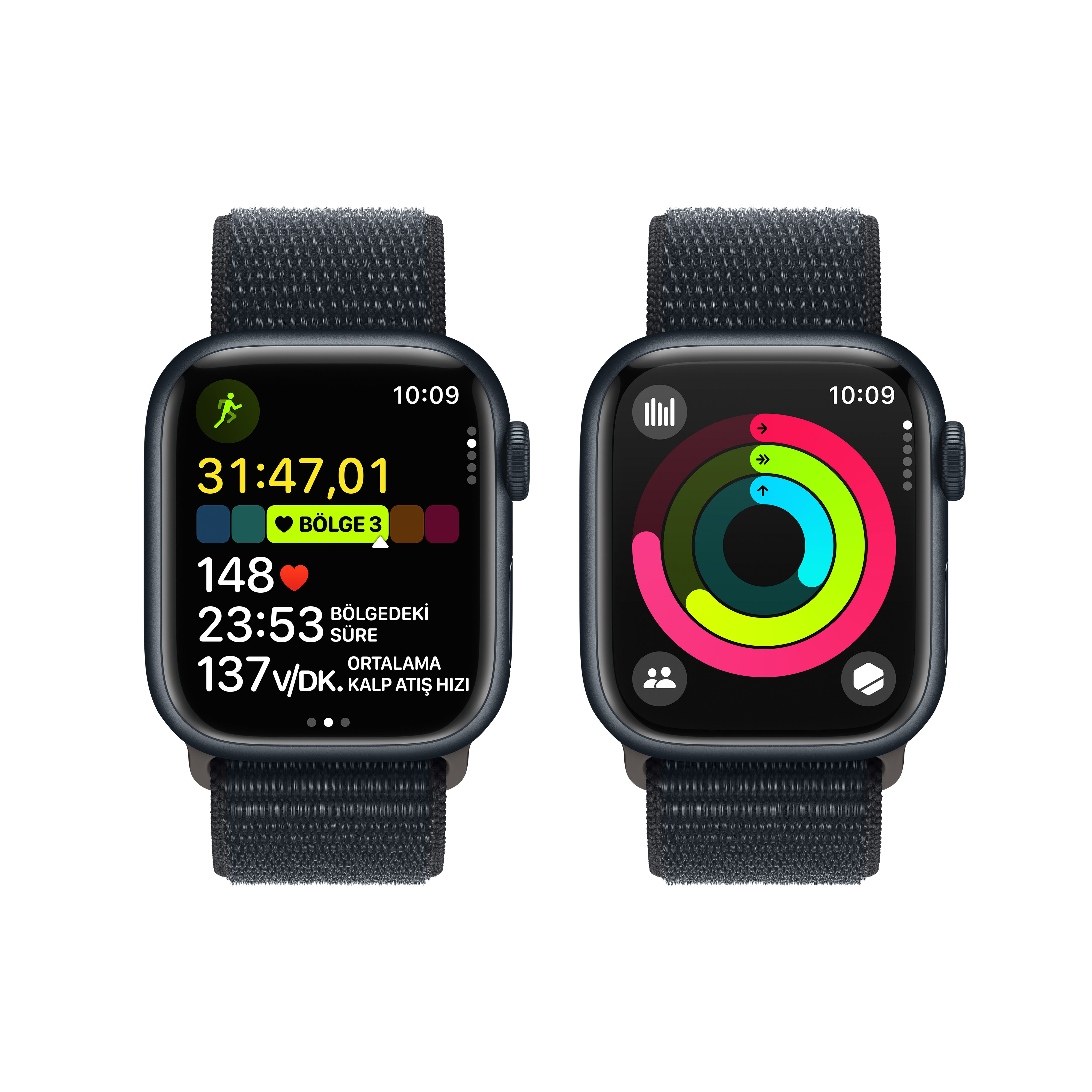 İki adet Apple Watch, koyu mavi kayışlarla, beyaz zemin üzerinde farklı sağlık ölçümleri gösteriyor.