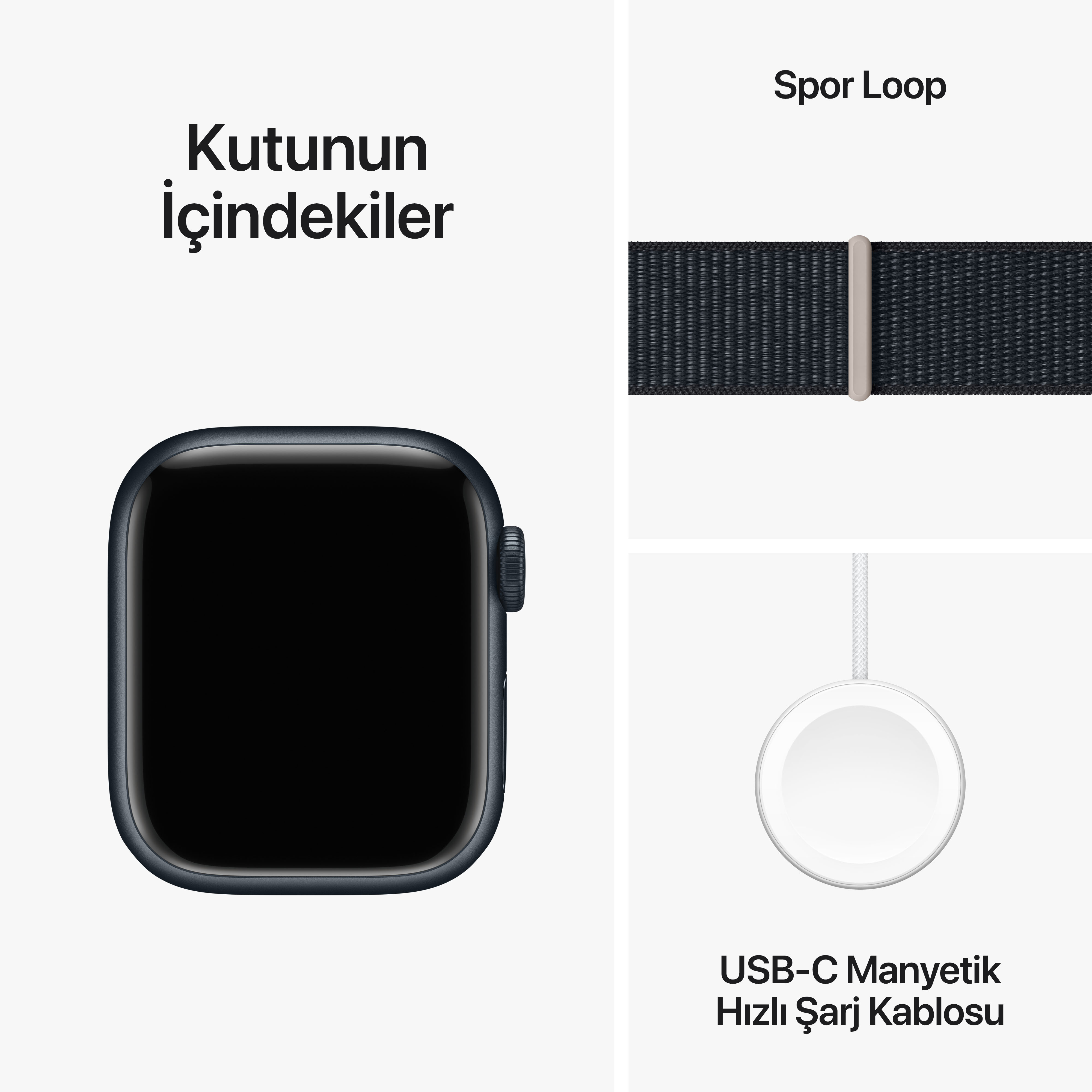 Beyaz bir arka plan üzerinde, bir kayış ve şarj cihazı ile bir Apple Watch, Türkçe metinle.