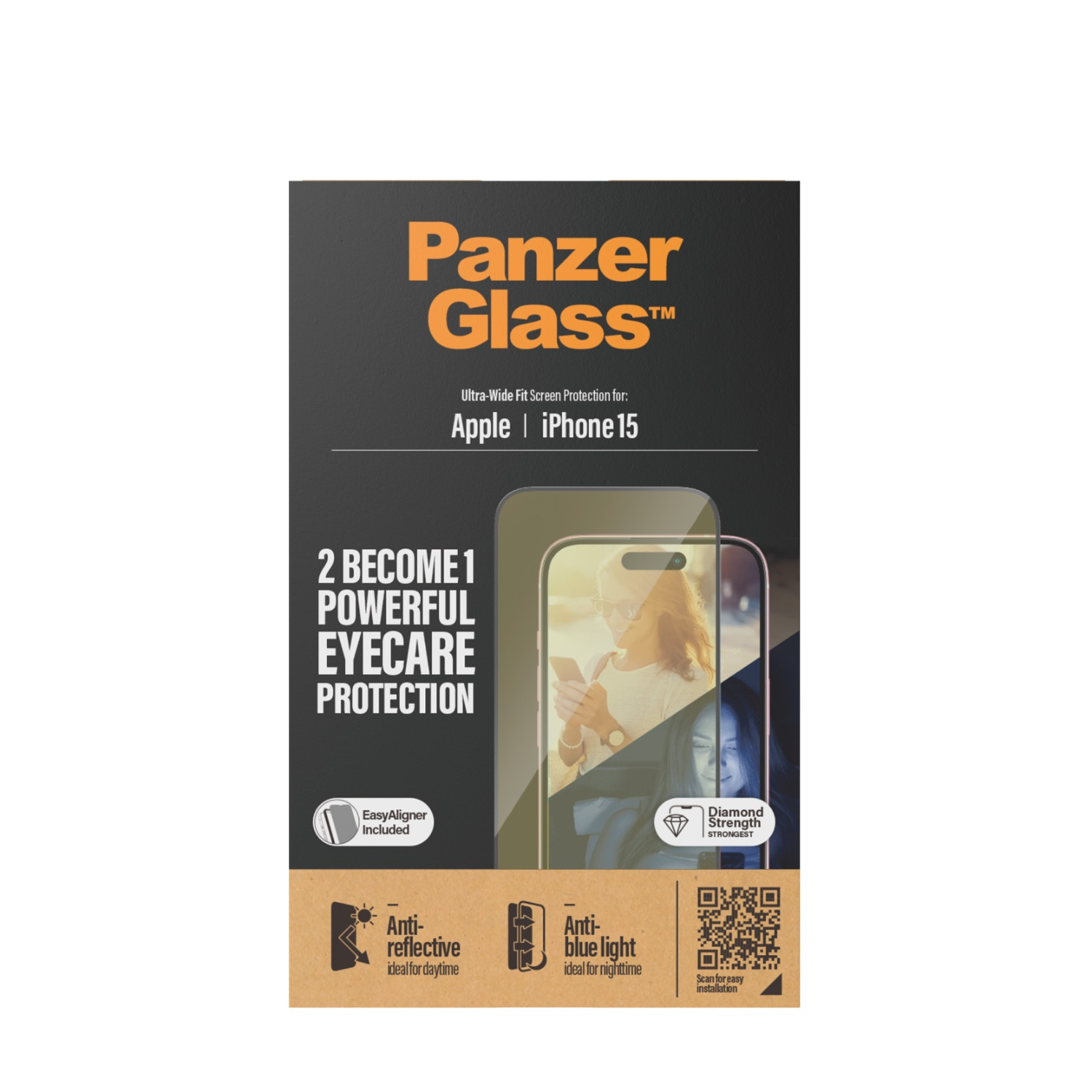 Een telefoon screenprotector doos. Het heeft de afbeelding van een vrouw die een telefoon gebruikt. Beschermende functies worden vermeld.