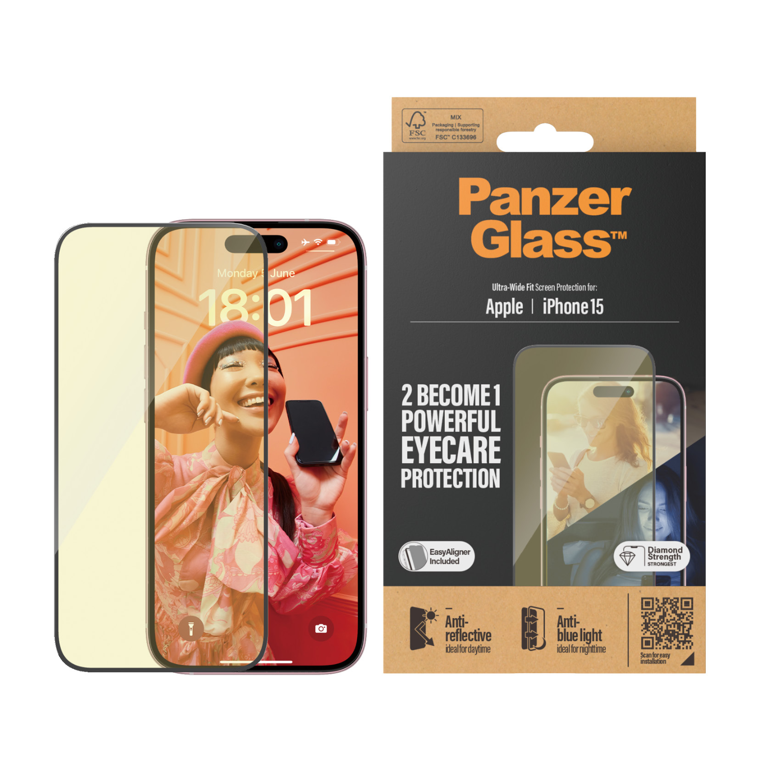 iPhone schermbeschermer met telefoon en verpakking. Helder glas, tekst en een lachende persoon.
