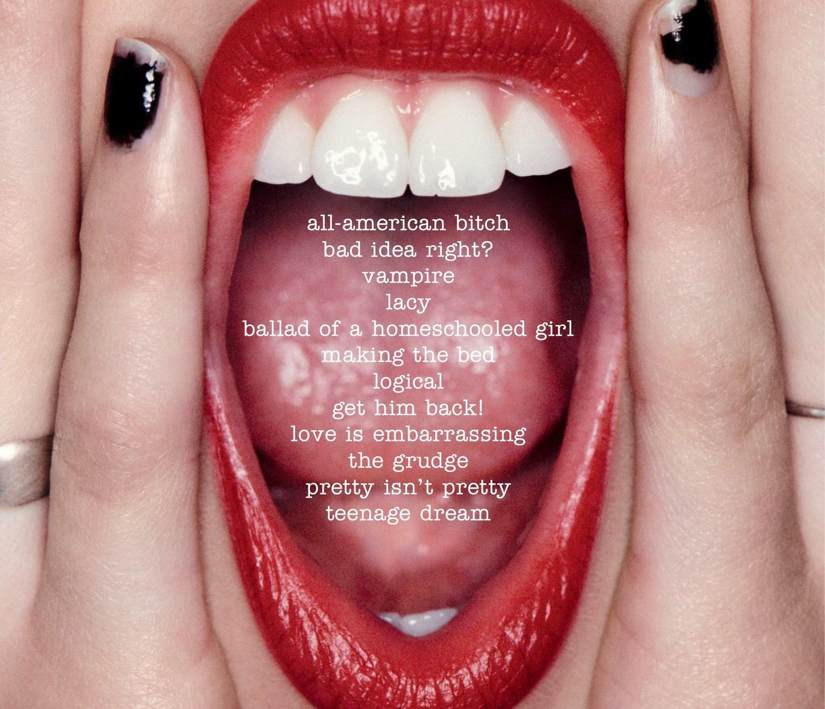 Nahaufnahme eines Mundes mit rotem Lippenstift und Text über das Lied.