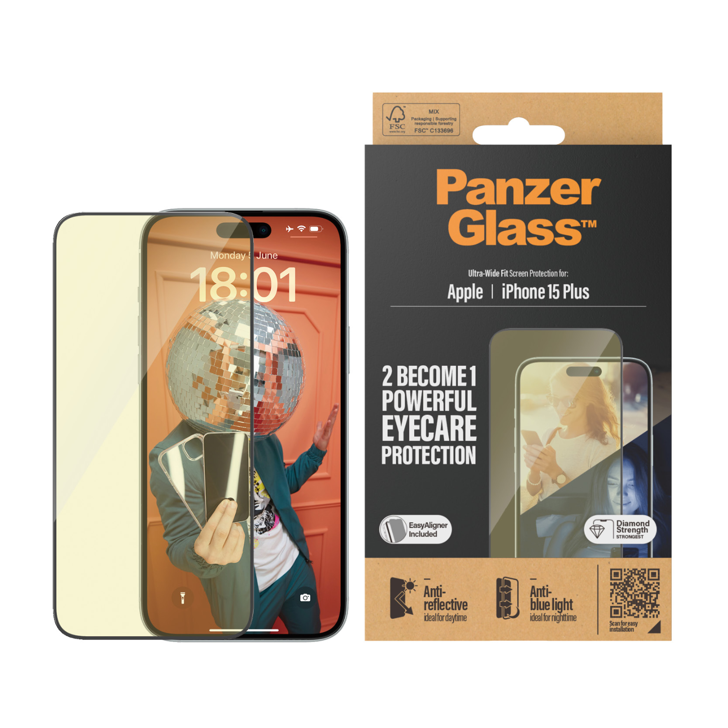 iPhone schermbeschermer doos. De telefoon toont een discobal afbeelding. Tekst: PanzerGlass.
