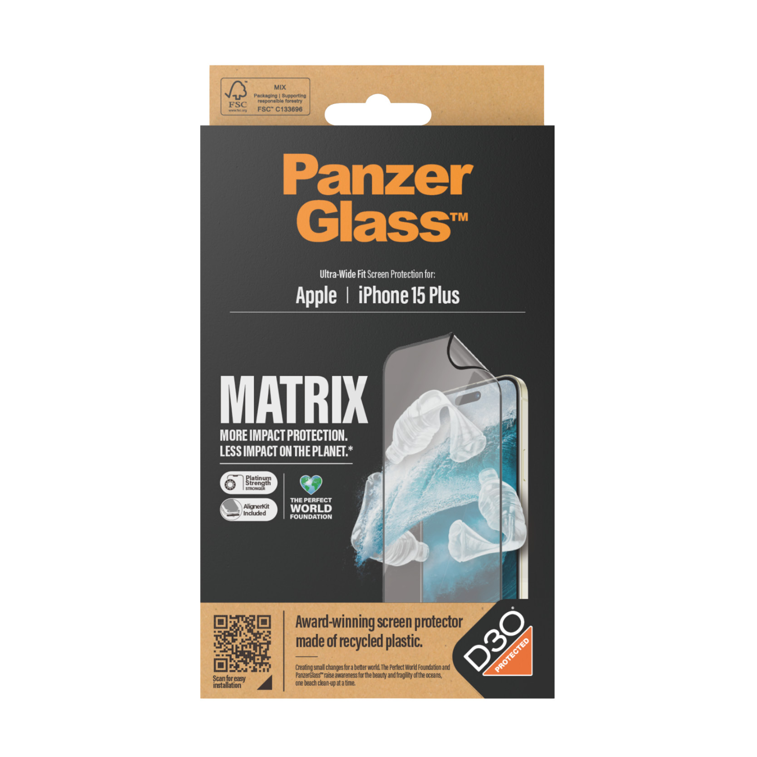 Doos voor PanzerGlass screenprotector voor iPhone 15 Plus. Grijs, zwart, wit.