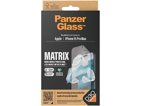 PANZERGLASS Apple iPhone 15 6.7" Pro Max - Ultra-Wide Fit Matrix with D3O Anti-Bacterial with AlignerKit