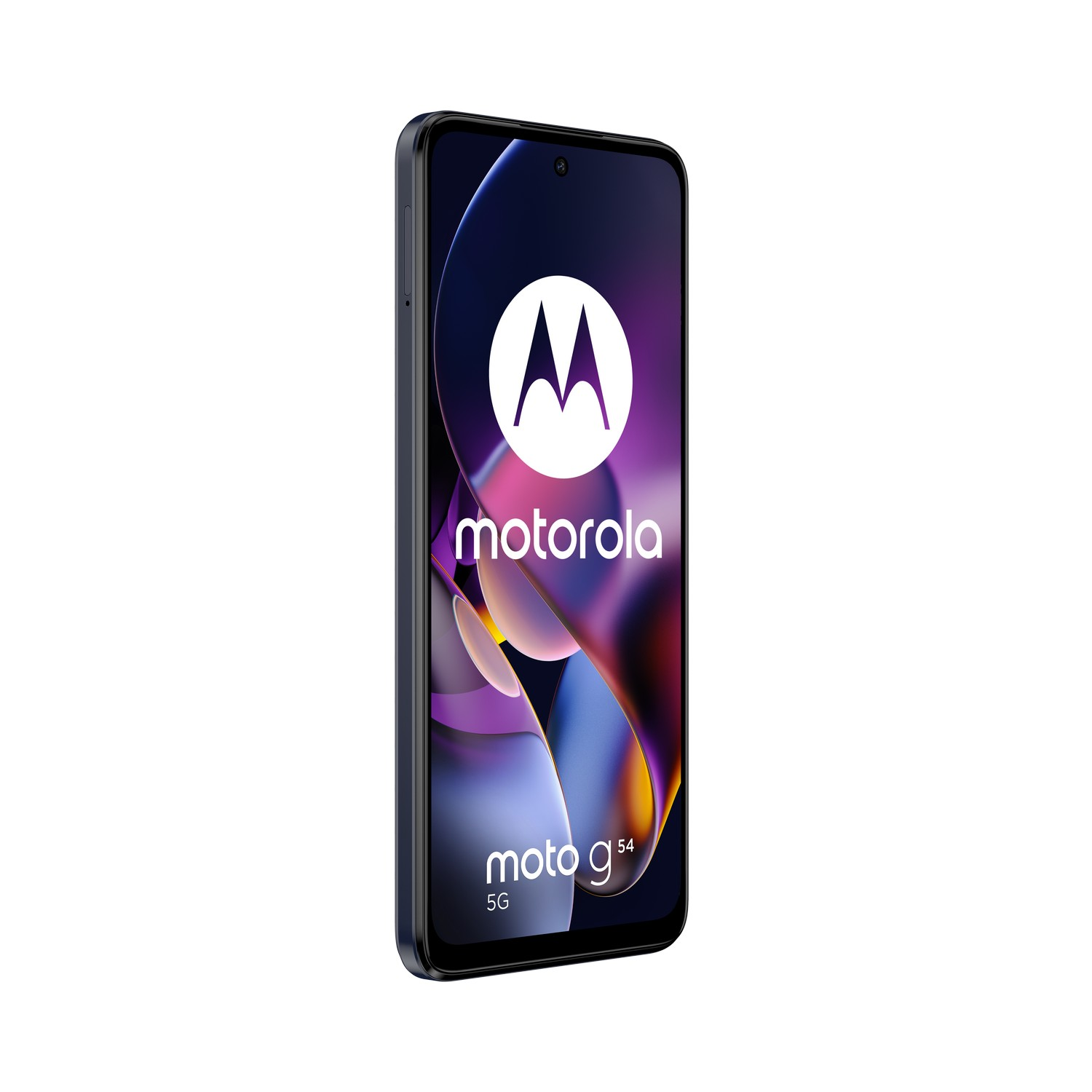 Un smartphone Motorola Moto g54 5G sur fond blanc, incliné pour montrer l'écran.