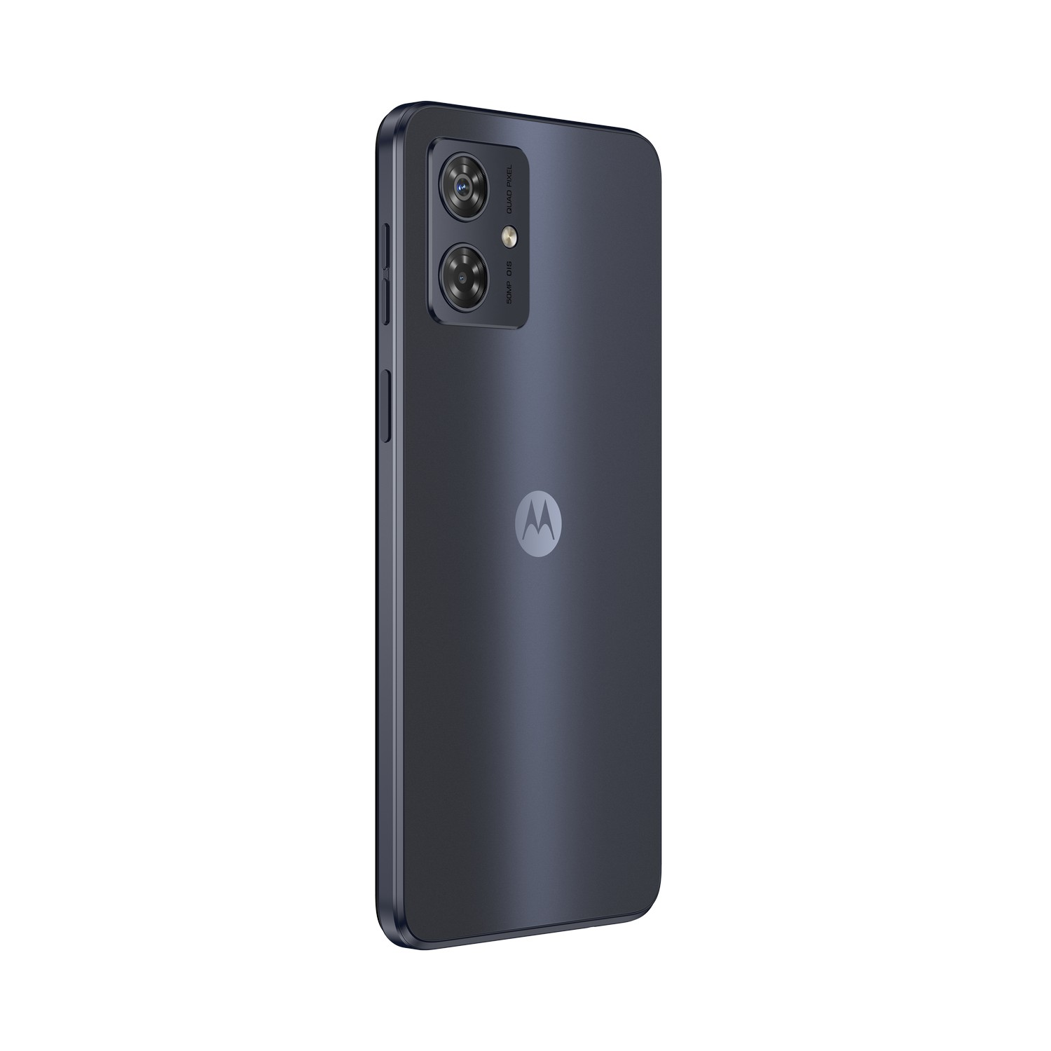 Smartphone bleu-gris. Comprend quatre caméras. Logo Motorola à l'arrière. Le téléphone est incliné.