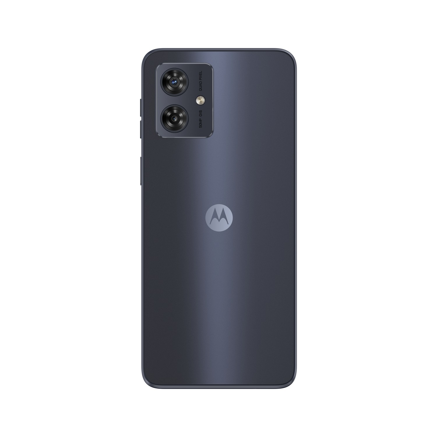 Vue arrière d'un smartphone bleu foncé avec deux caméras. Le logo Motorola est visible au centre.