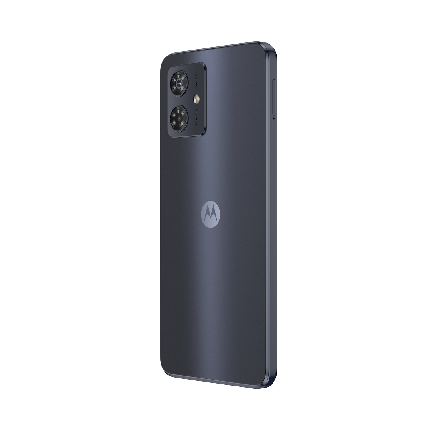 Un téléphone Motorola bleu foncé avec deux caméras et un logo.