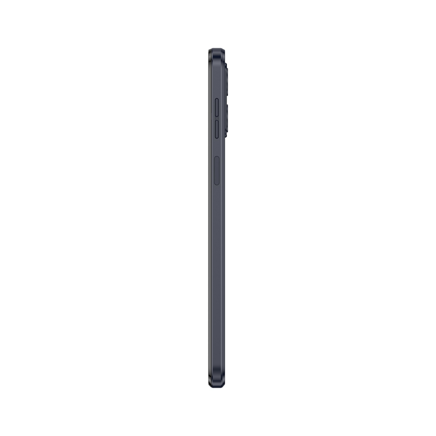 Vue latérale d'un smartphone gris foncé avec boutons et une bosse de caméra, isolé sur fond blanc.
