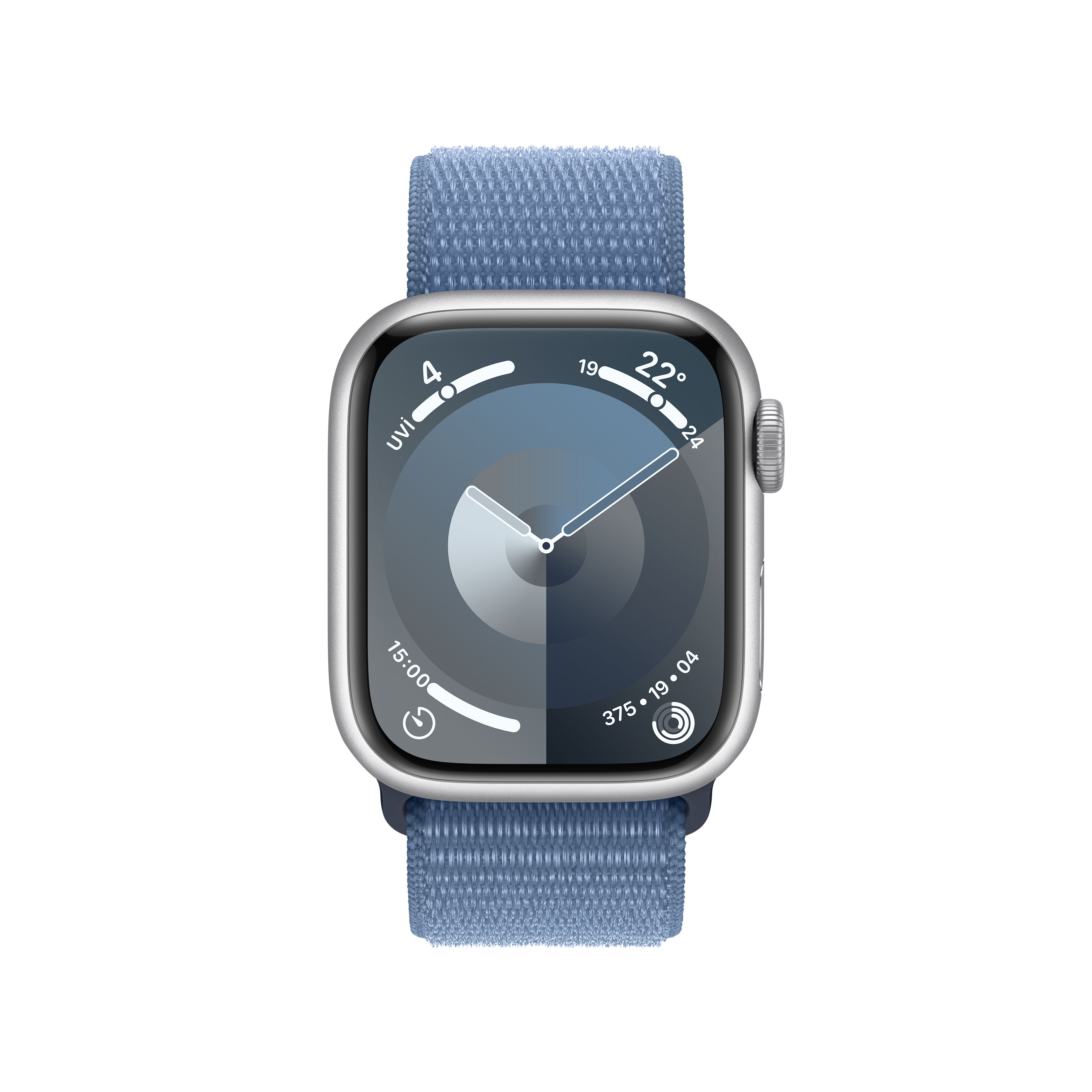 Mavi kayışlı gümüş Apple Watch, saati ve tarihi gösteriyor.