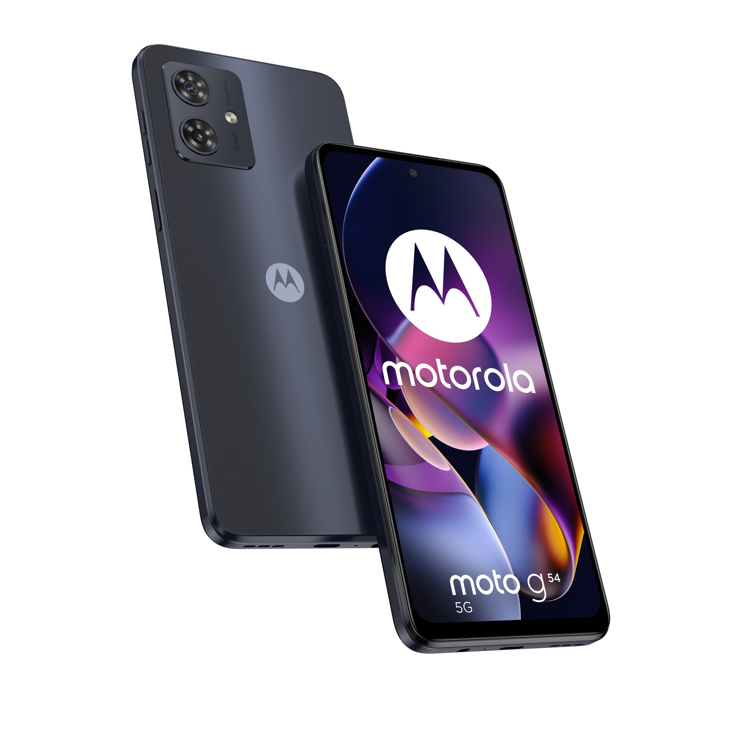 Téléphone Motorola Moto G54, montrant l'arrière et l'écran. Couleur bleu-gris avec le logo de la marque.
