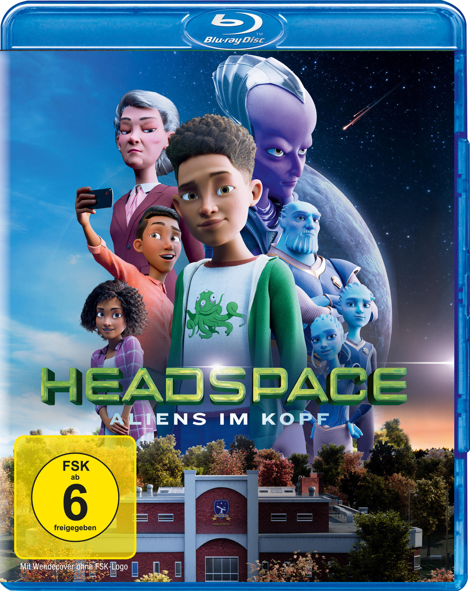 Blu-ray-Disc-Cover mit animierten Charakteren und einem Schulgebäude im Hintergrund.
