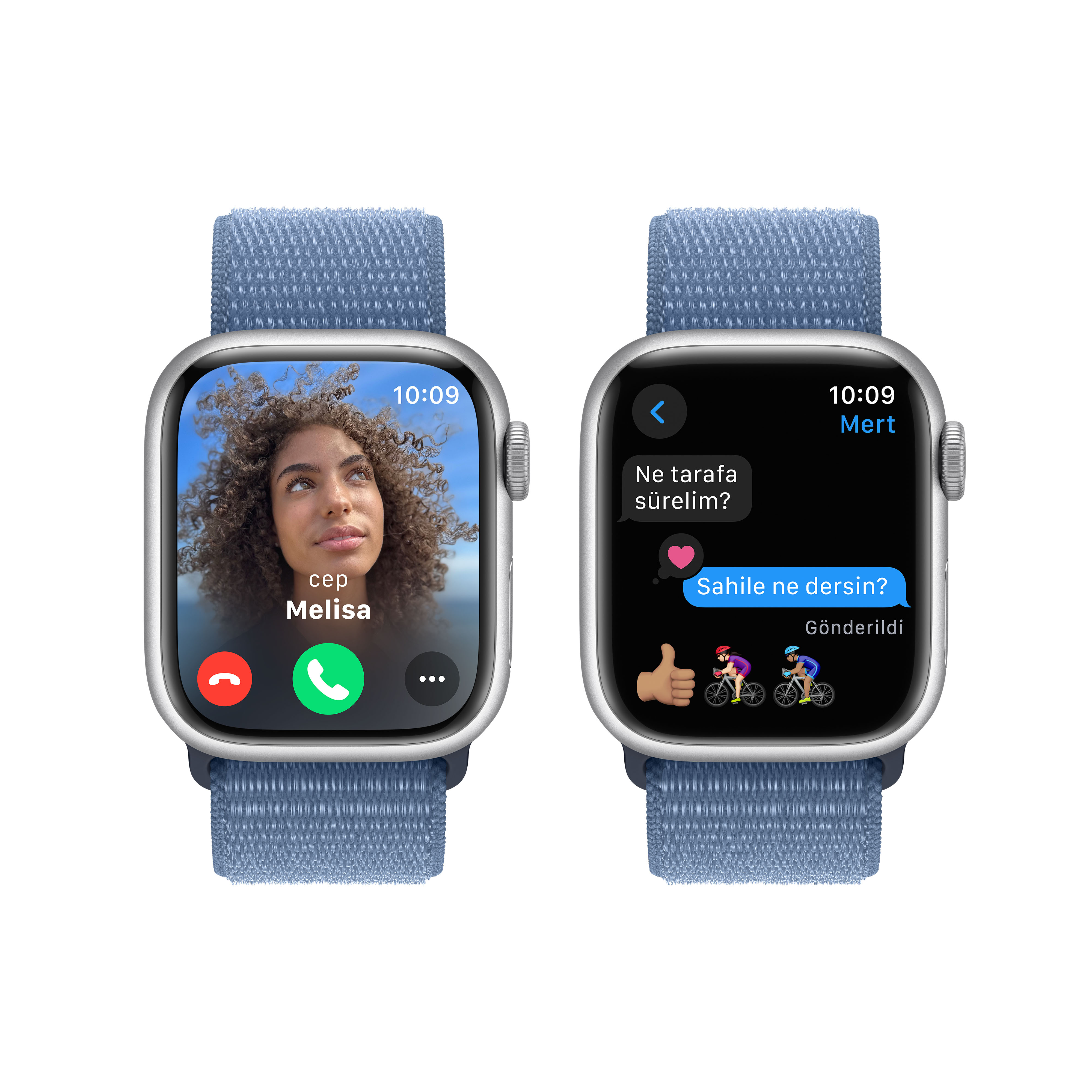 İki Apple Watch. Biri görüntülü görüşmeyle, diğeri metin mesajıyla.