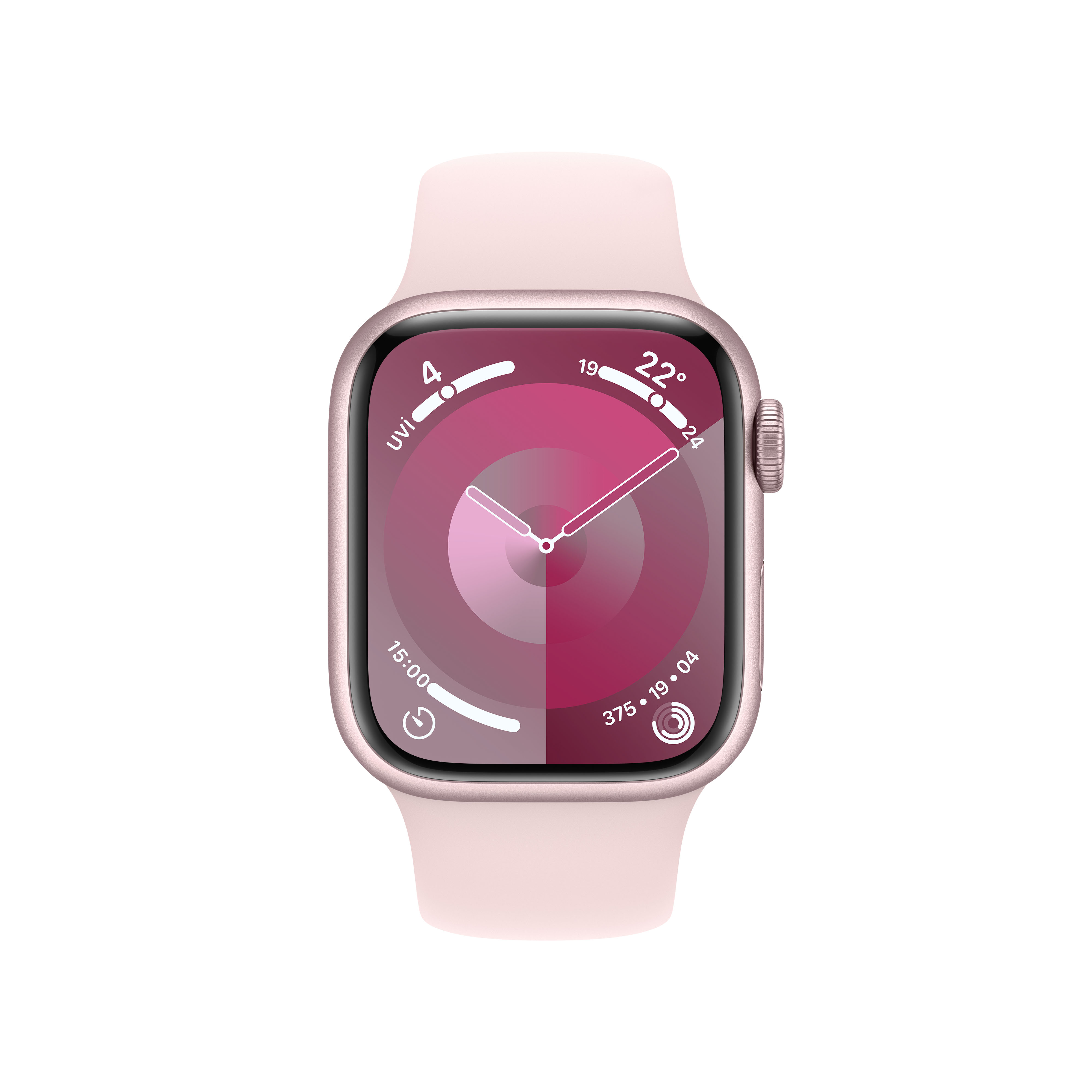 Pembe kayışlı Apple Watch, ekran saat, uvi ve diğer verileri gösteriyor.