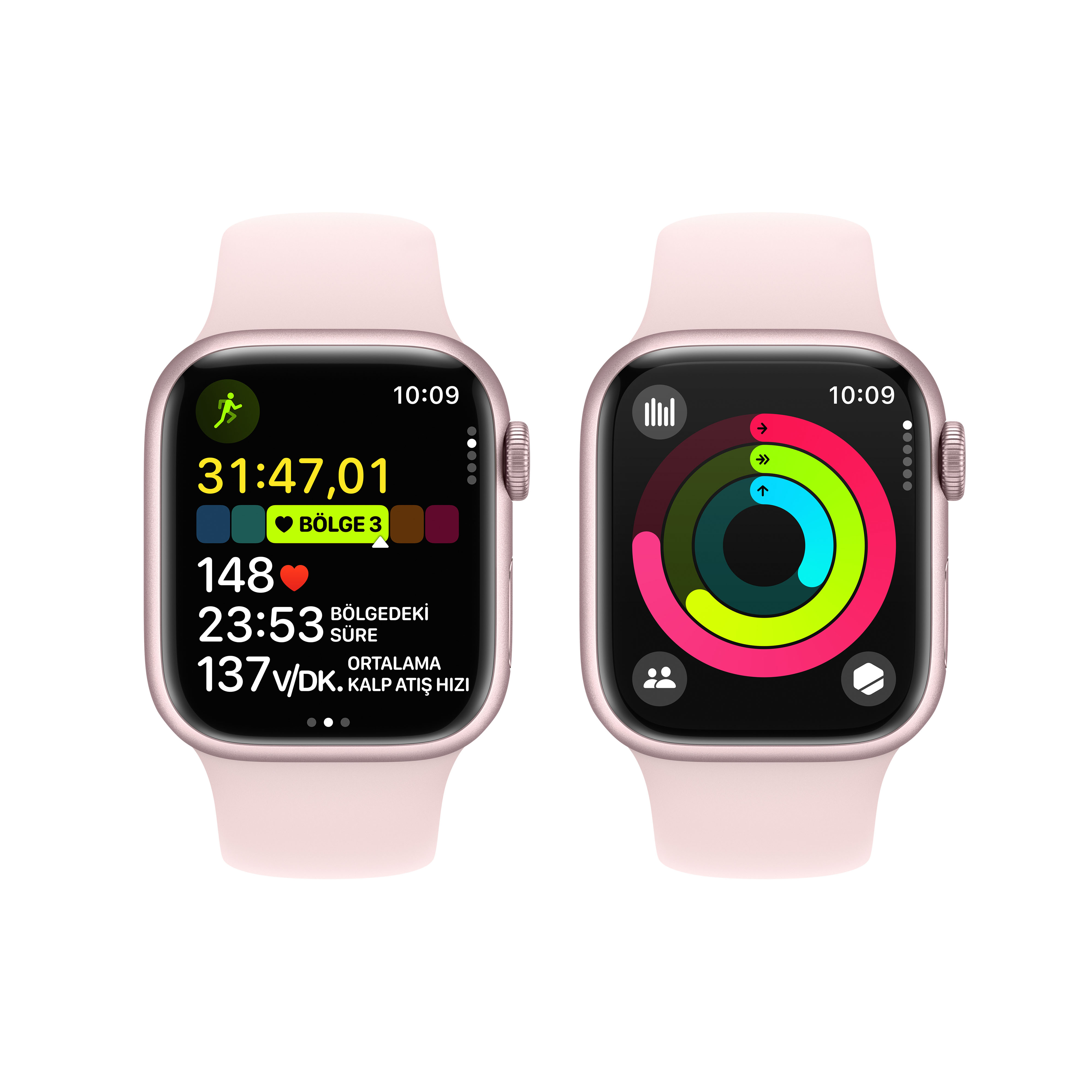 İki Apple Watch, biri pembe bantlı, ekranda sağlık verilerini ve egzersiz ölçümlerini gösteriyor.