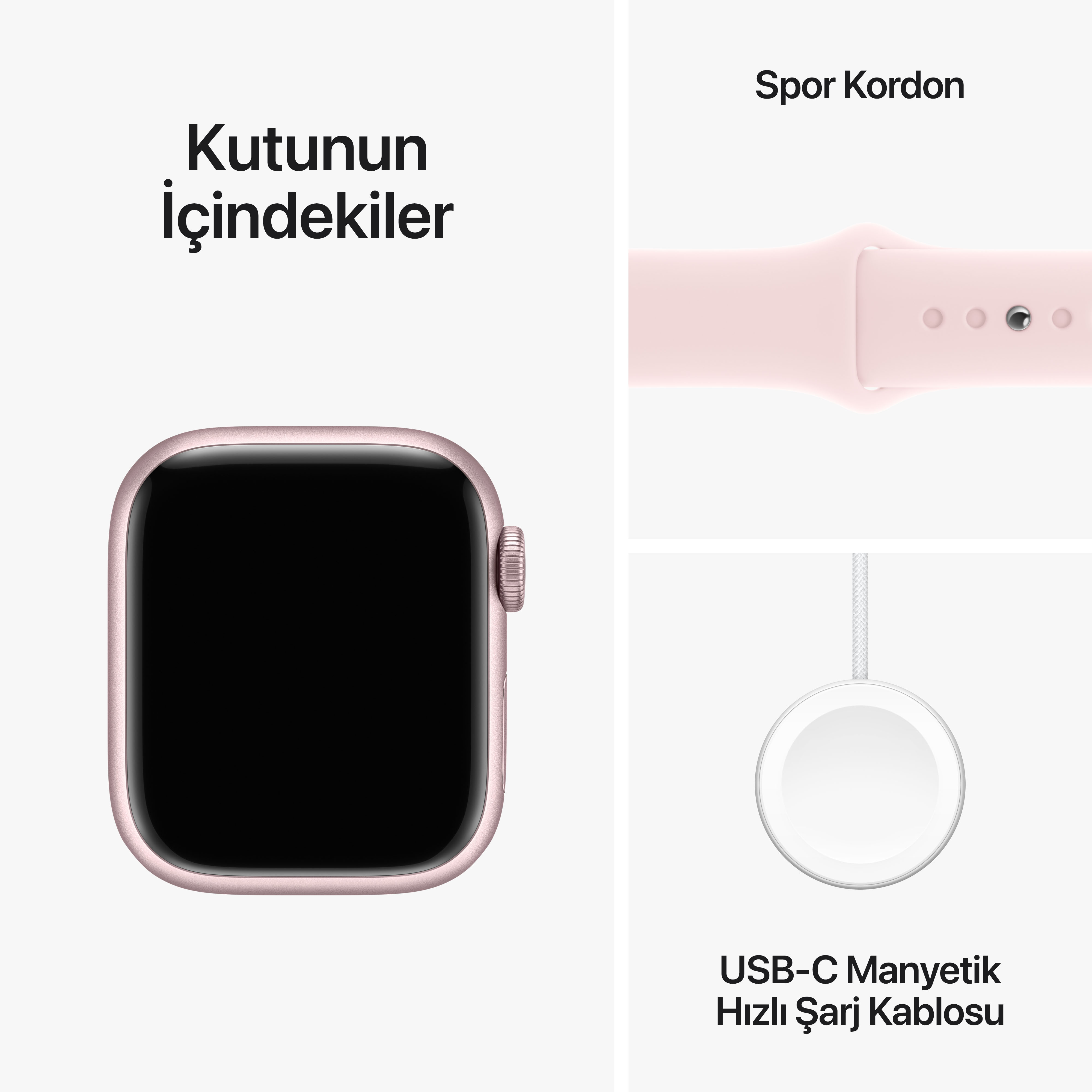 Pembe bir akıllı saat, pembe kayış ve şarj cihazı beyaz bir arka plan üzerinde sergileniyor.