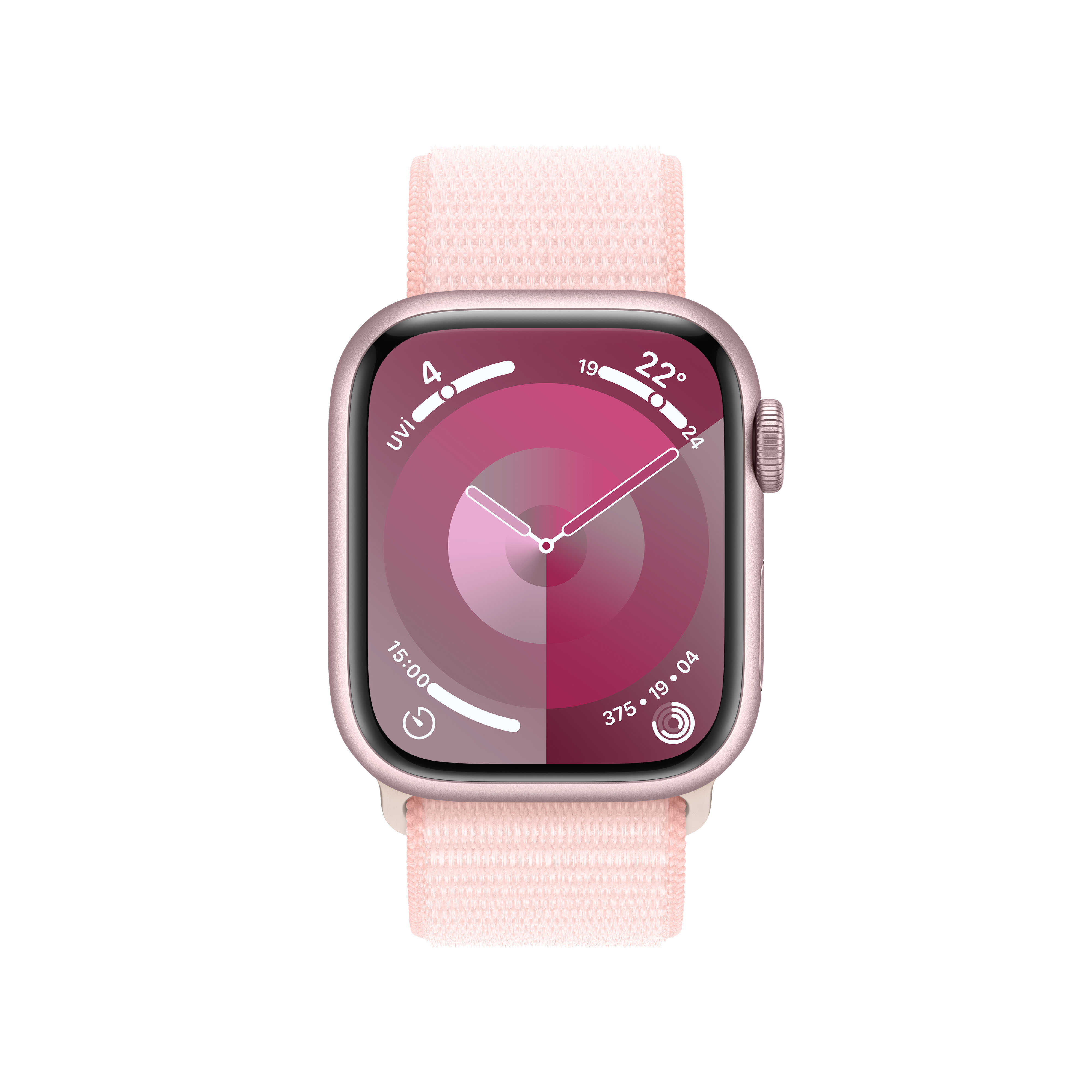 Pembe kayışlı pembe Apple Watch, zamanı ve diğer ölçümleri gösteriyor.