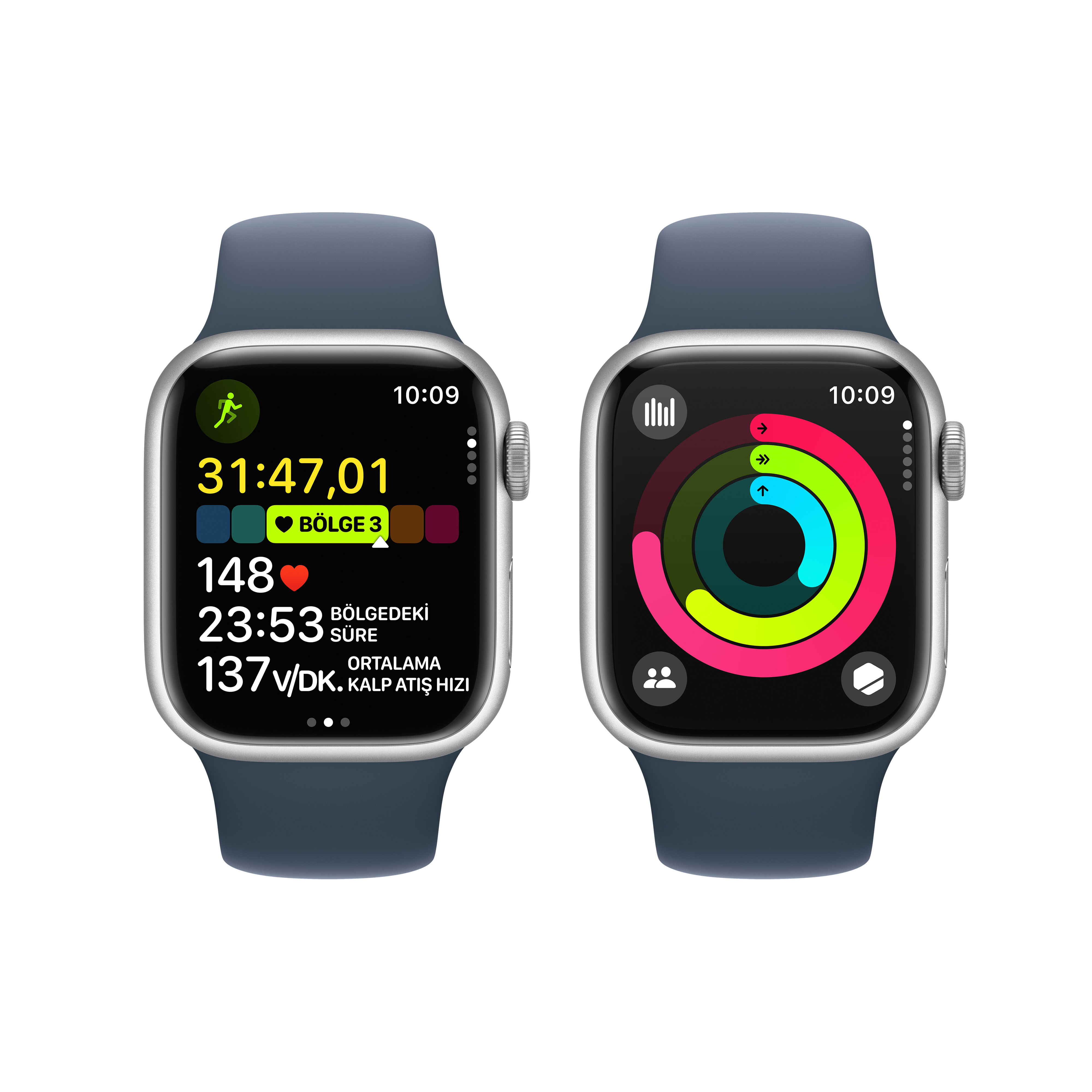 İki Apple Watch. Biri antrenman verilerini gösterir: süre, kalp hızı, bölge. Diğeri halkaları gösterir.