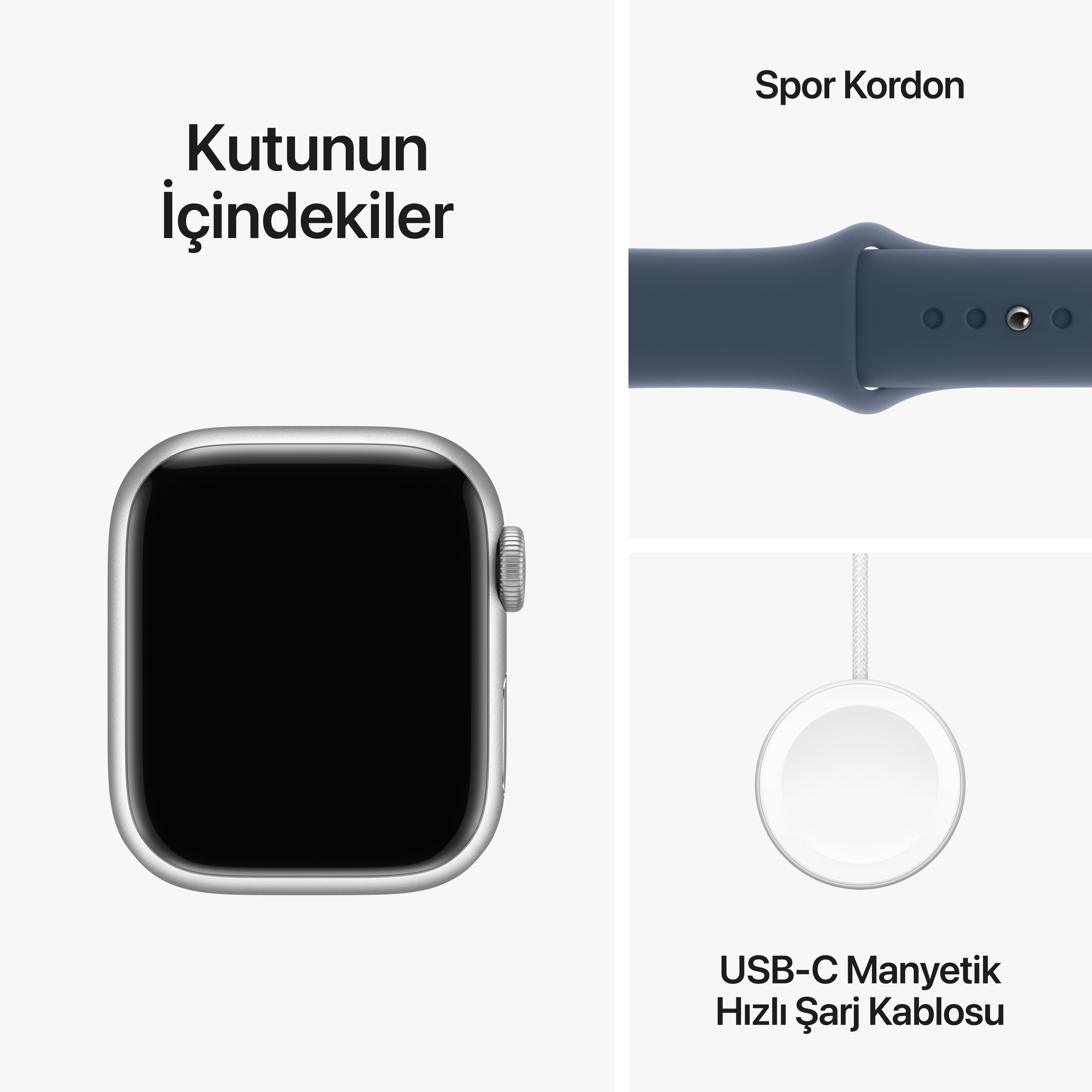 Apple Watch, mavi kayış ve şarj kablosu. Metin: Kutunun İçindekiler.