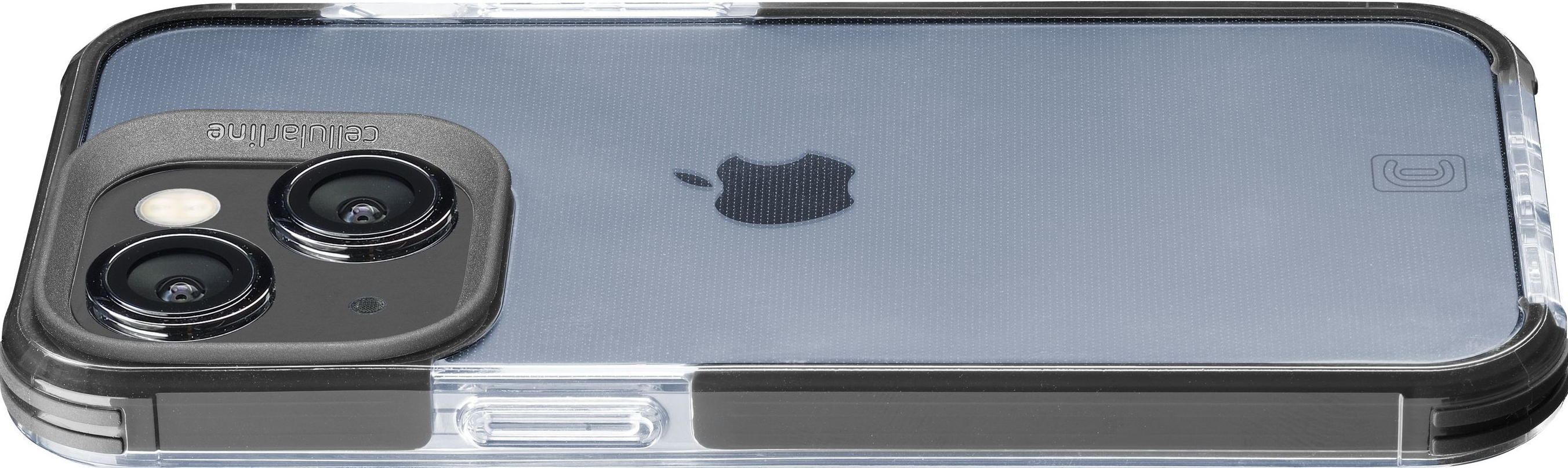 Transparente Handyhülle mit schwarzem Rand. Doppelkamera sichtbar. Apple-Logo auf der Rückseite.