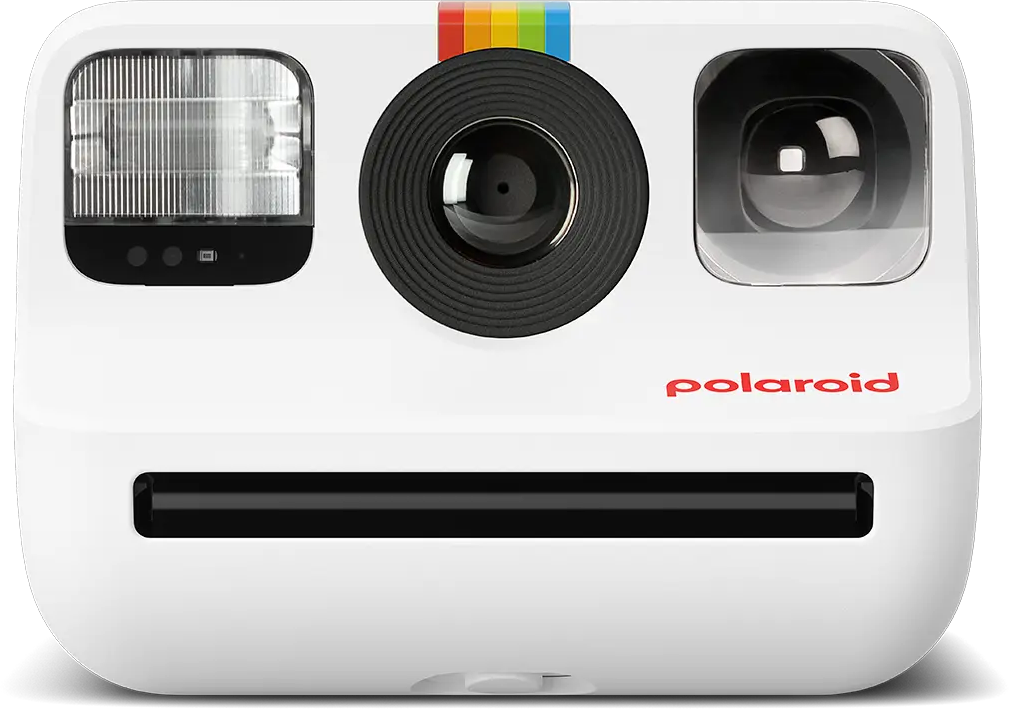 Weiße Polaroid-Kamera mit Regenbogenstreifen. Sie hat einen Blitz und zwei Objektive.