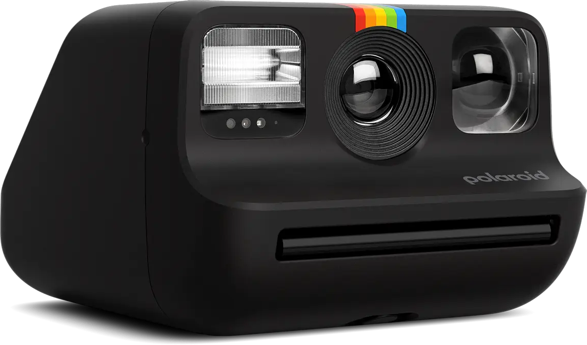 Eine schwarze Polaroid-Kamera mit Regenbogenstreifen und Blitz.