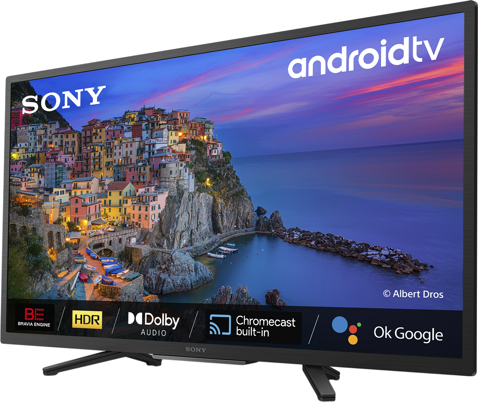 Sony Android TV városi jelenettel, HDR, Dolby Audio és Chromecast funkciókkal.