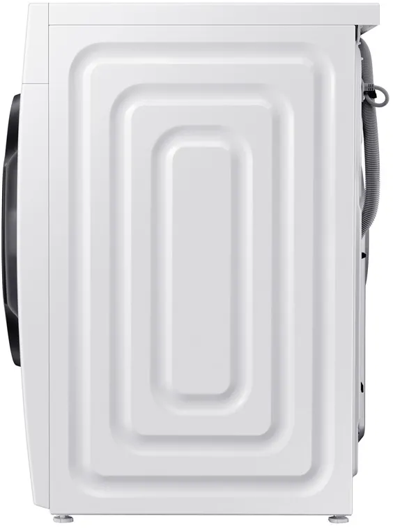 Vue latérale d'un lave-linge blanc avec un design rectangulaire sur le côté.