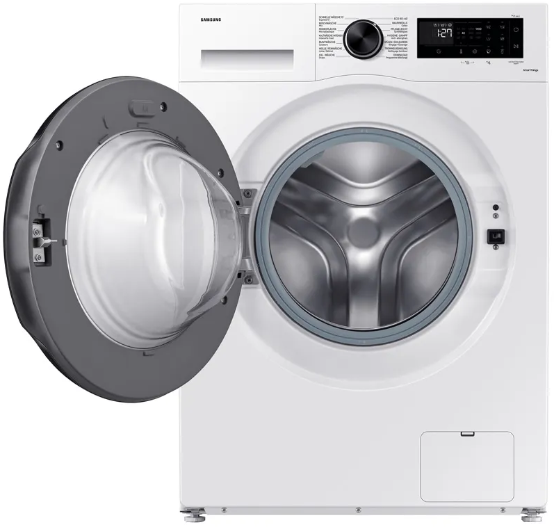 Lave-linge blanc avec la porte ouverte, montrant l'intérieur.