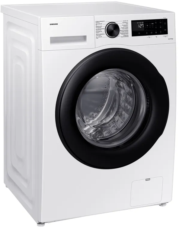 Un lave-linge Samsung blanc avec un joint de porte noir, sur fond blanc.