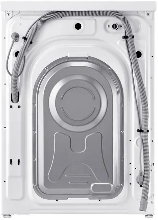 Vue arrière d'un lave-linge blanc avec tuyaux connectés et panneau arrière métallique.