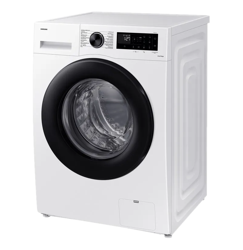 Lave-linge blanc. Porte noire et panneau de commande sur le dessus. La machine est propre et neuve.