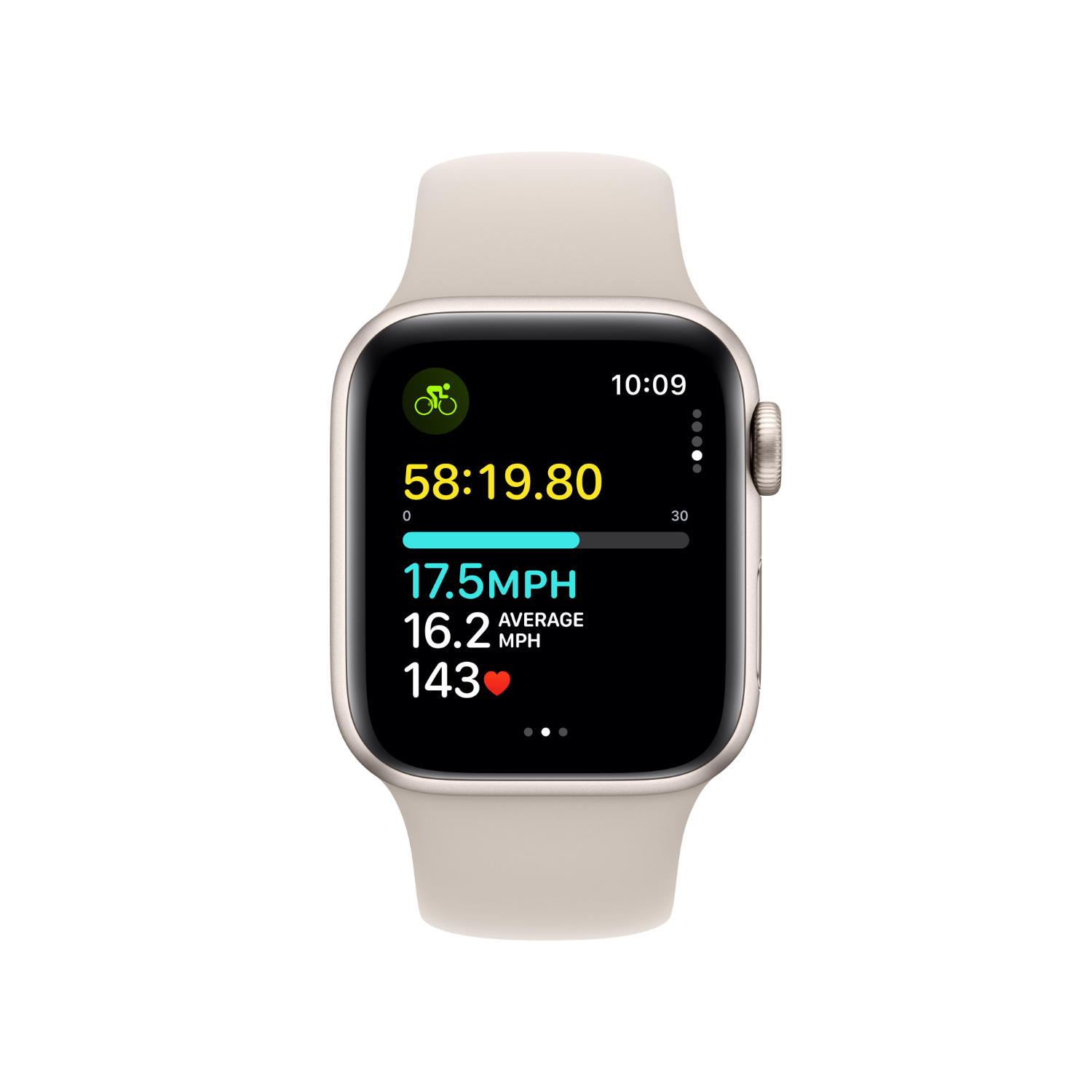 Apple Watch toont trainingsgegevens: tijd, snelheid, afstand en hartslag op beige band.