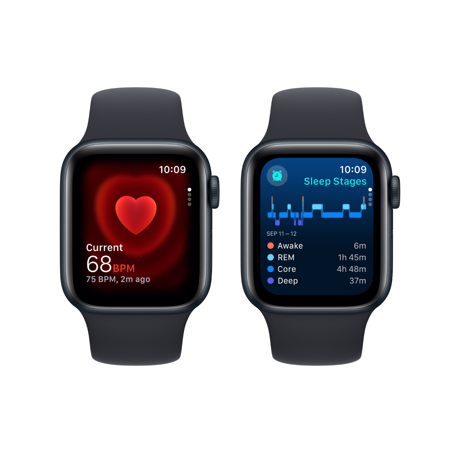Twee smartwatches die gezondheidsgegevens weergeven. Eén toont hartslag, de ander slaapstadia.