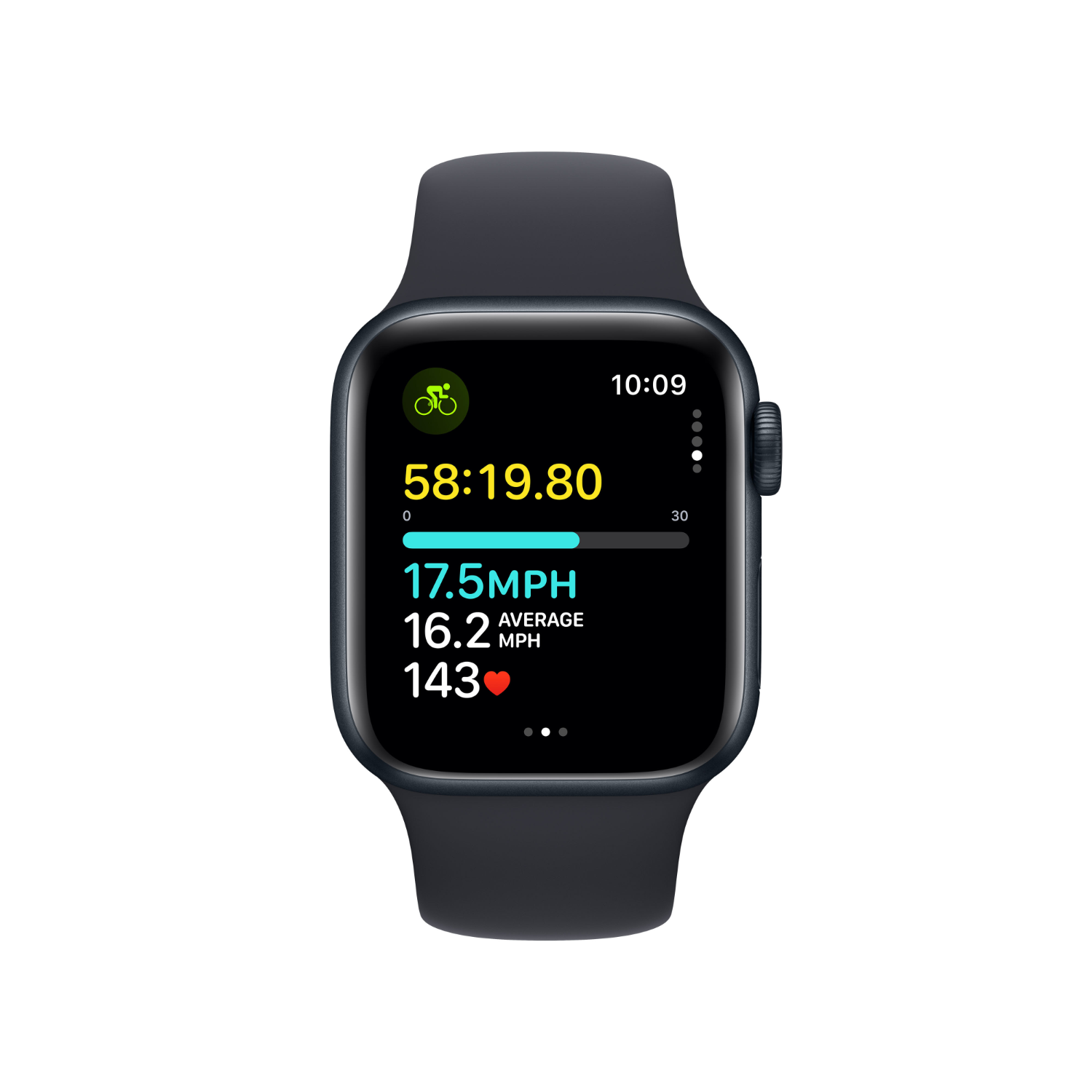 Smartwatch met fietsgegevens. Toont tijd, snelheid en hartslag op een zwart scherm met een blauwe band.