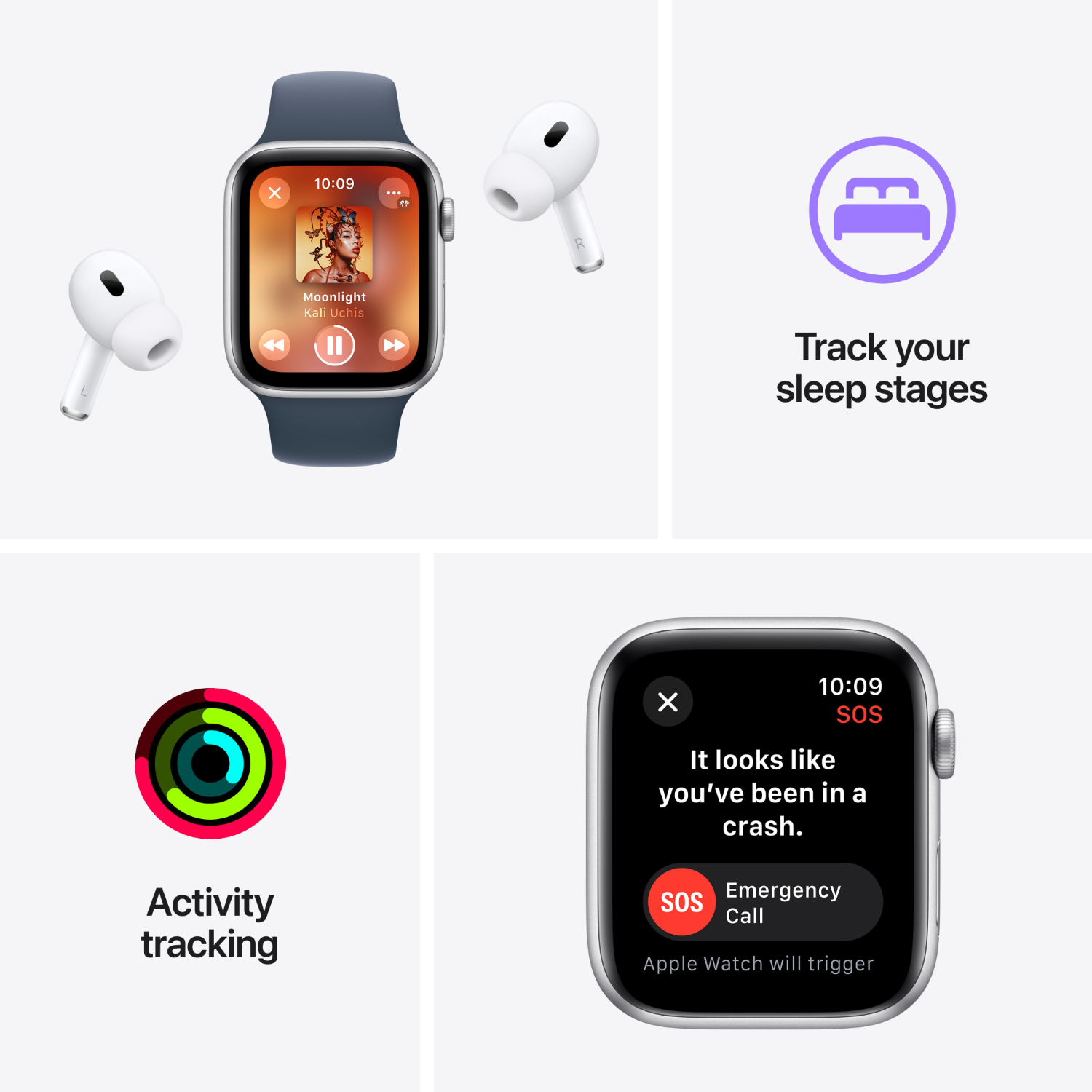 Vier afbeeldingen tonen een Apple Watch met oortelefoons, slaapregistratie, activiteitstracking en noodoproepen.