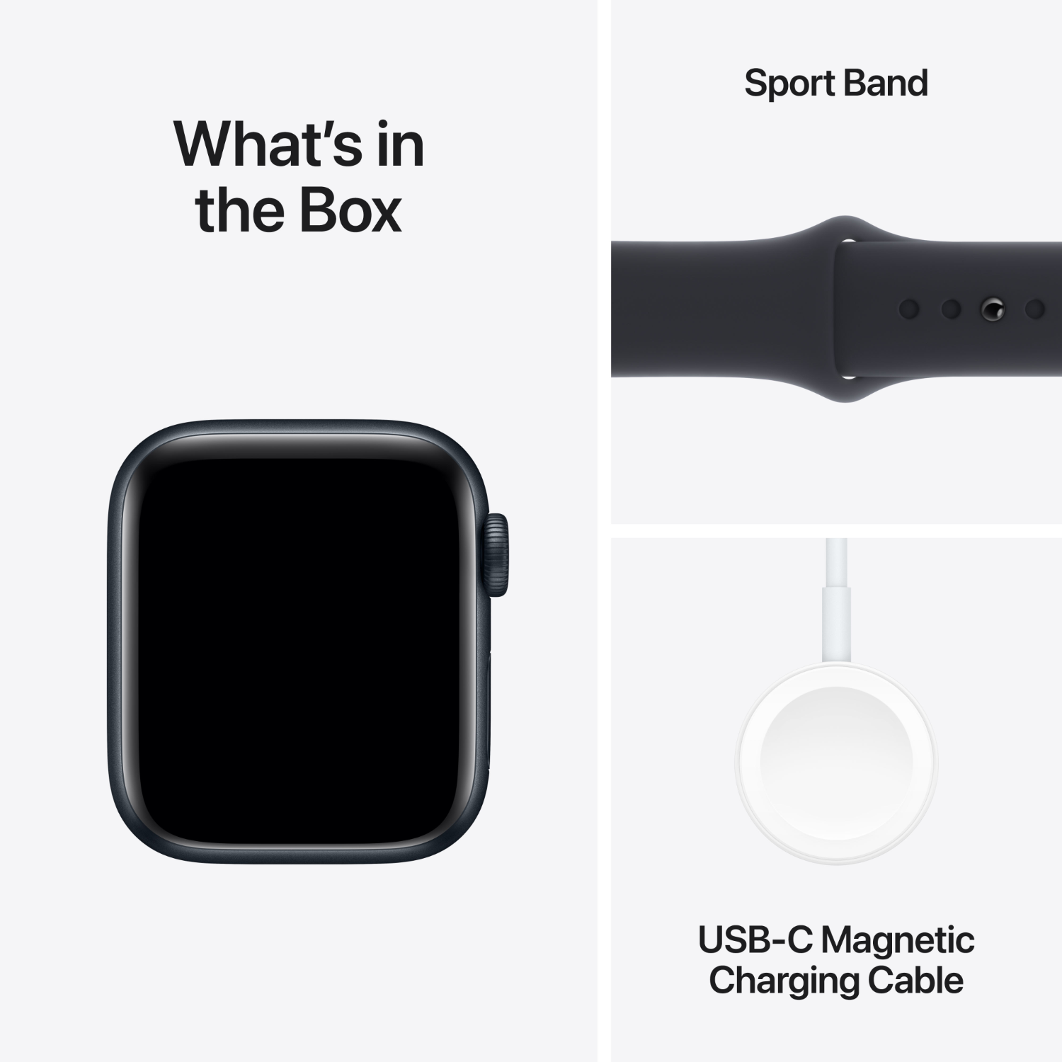 Apple Watch met een donkerblauwe Sport Band, oplaadkabel en de wijzerplaat.