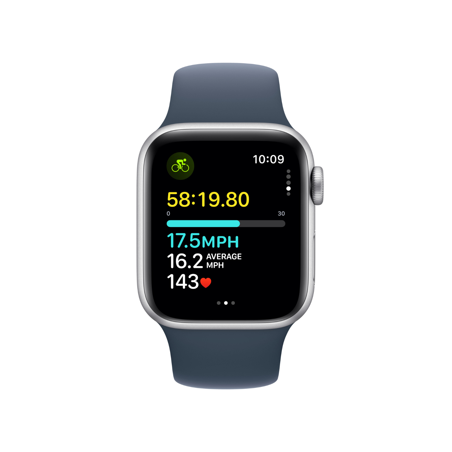 Apple Watch met metrics. Toont tijd, tempo, hartslag en fietsgegevens op het scherm.
