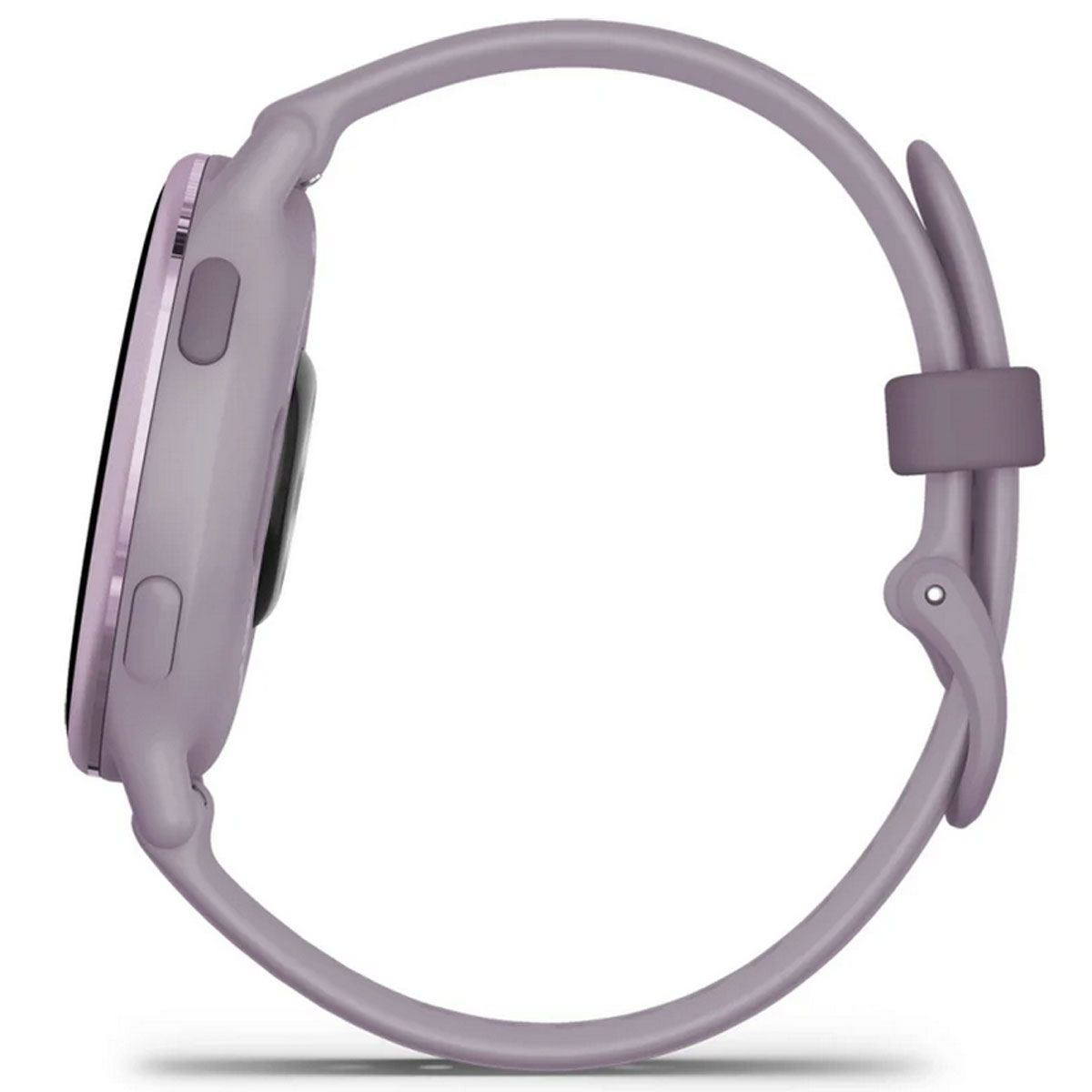 Un perfil lateral de un reloj inteligente púrpura con una esfera redonda y una correa lavanda. El reloj está sobre un fondo blanco.