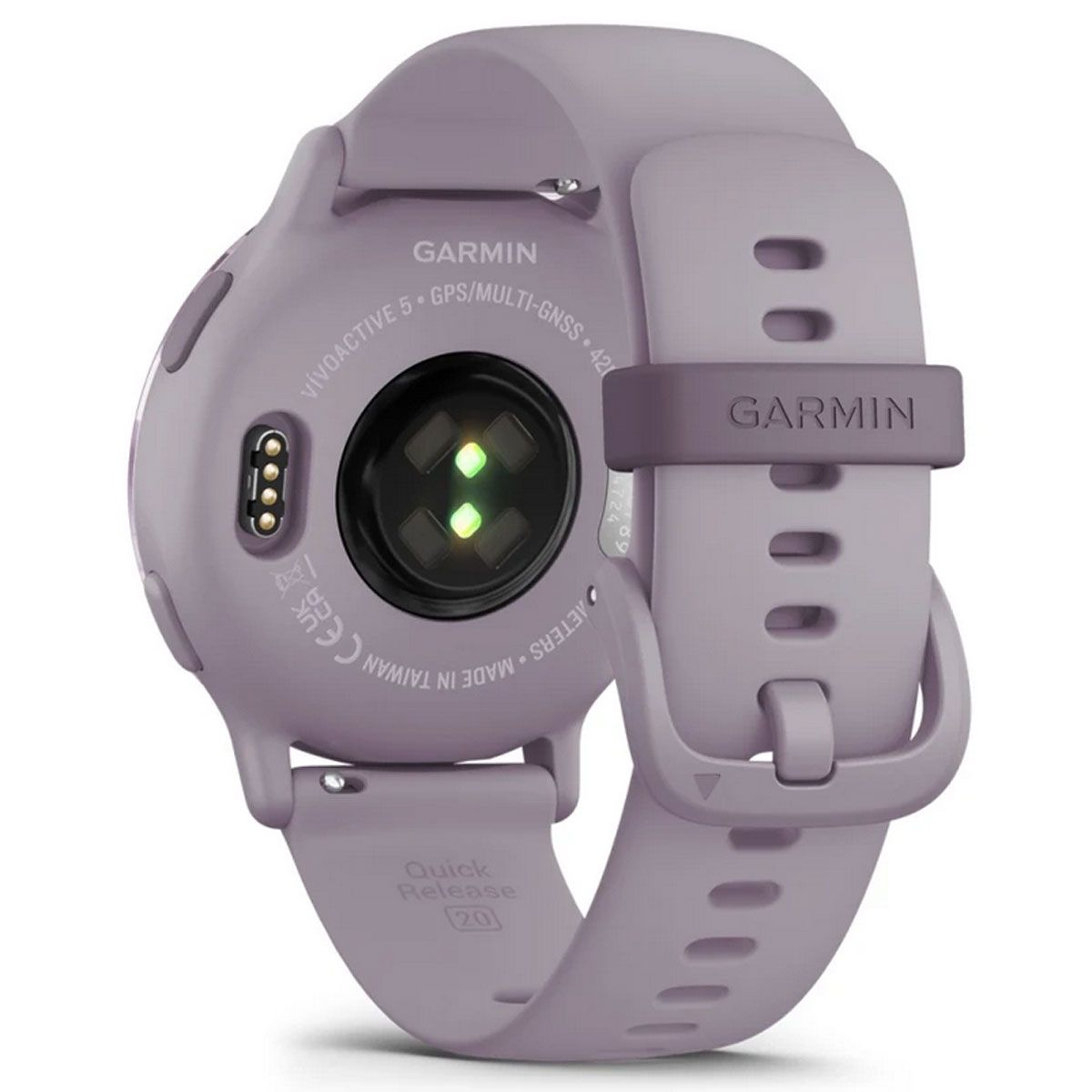 Parte trasera de un reloj Garmin morado. Muestra sensores y una correa. Garmin y otro texto son visibles.