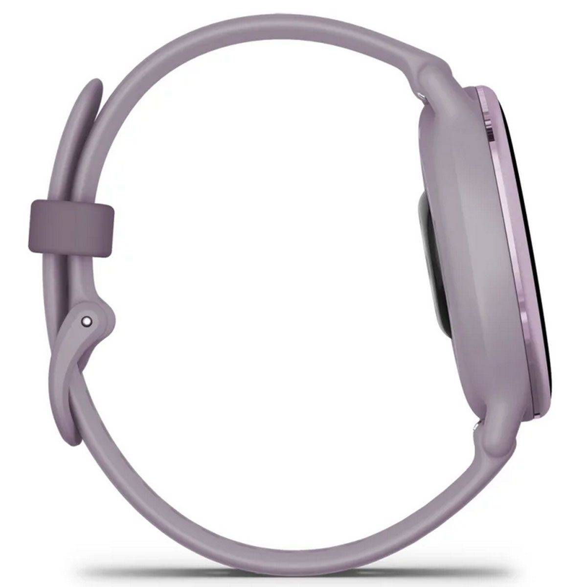 Un reloj inteligente morado. El reloj es una vista de perfil lateral.